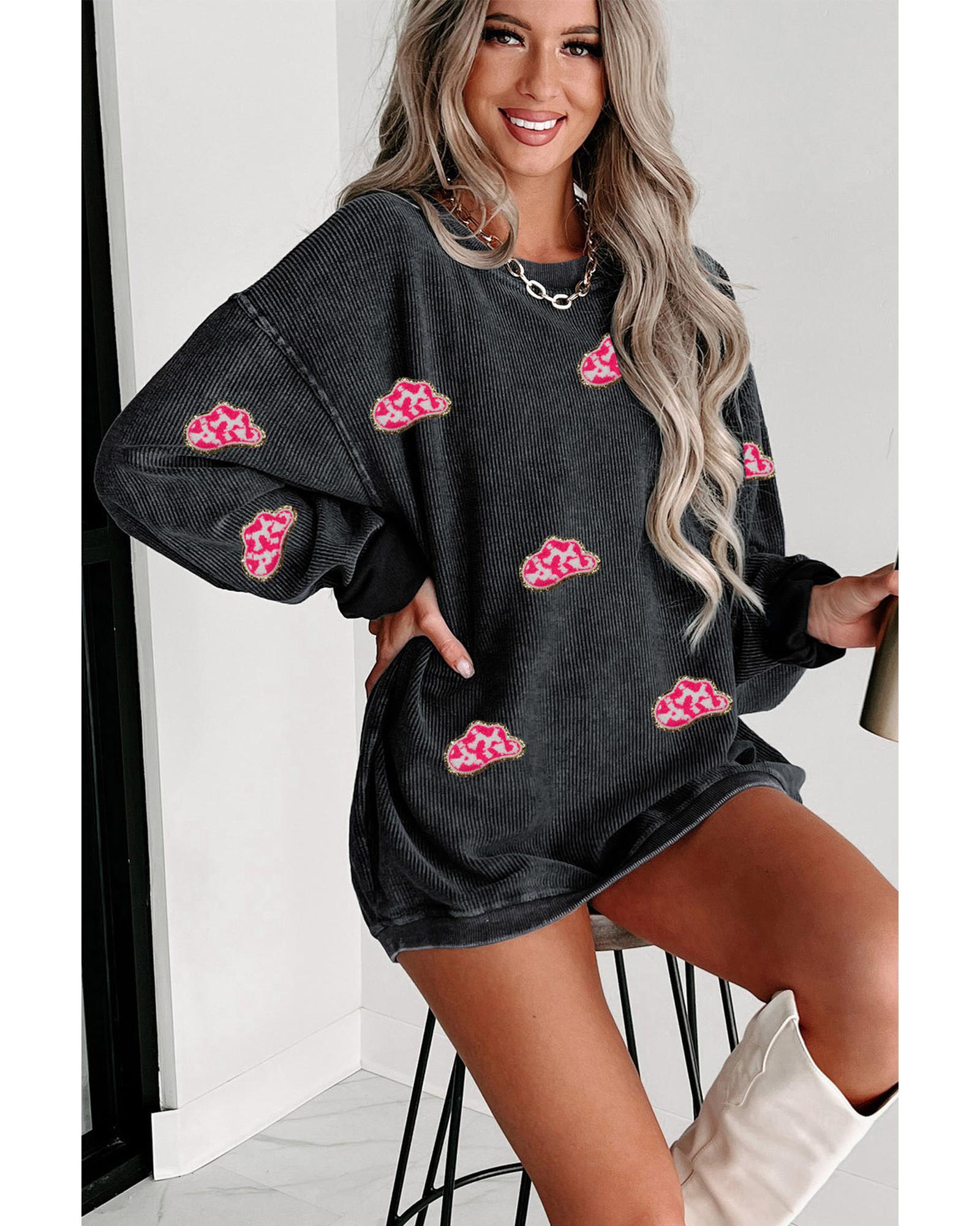 Black Glittering Cowboy Hat Patched Corded Pullover Sweatshirt - 2XL 3