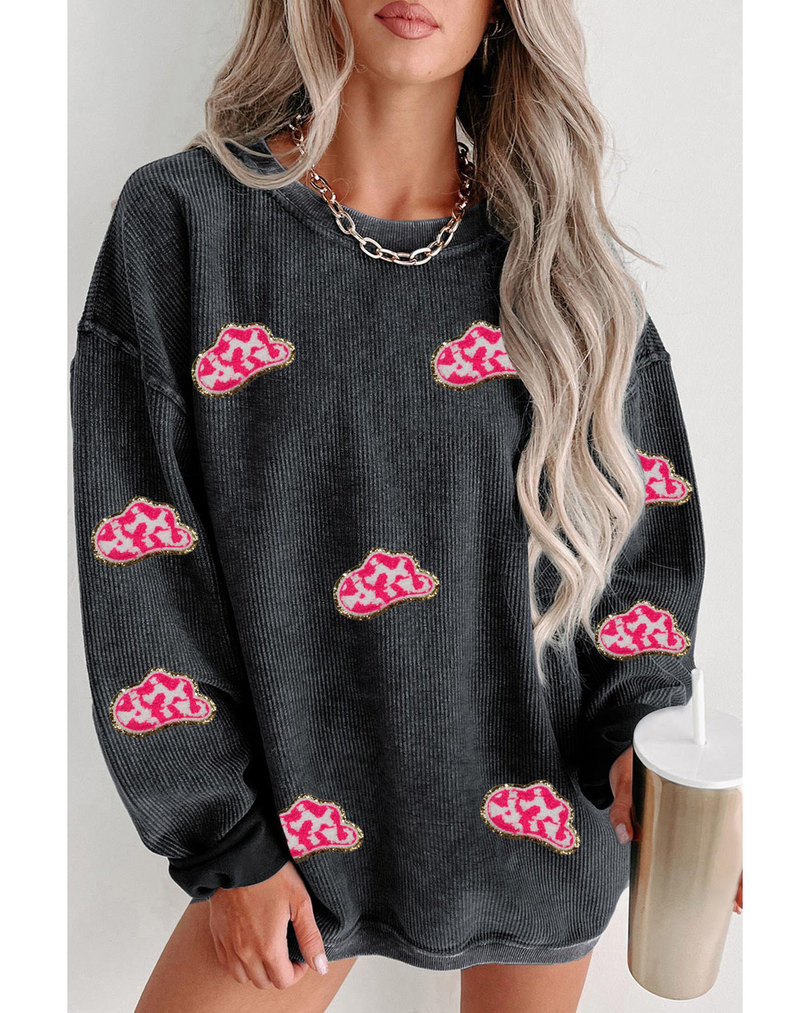 Black Glittering Cowboy Hat Patched Corded Pullover Sweatshirt - L