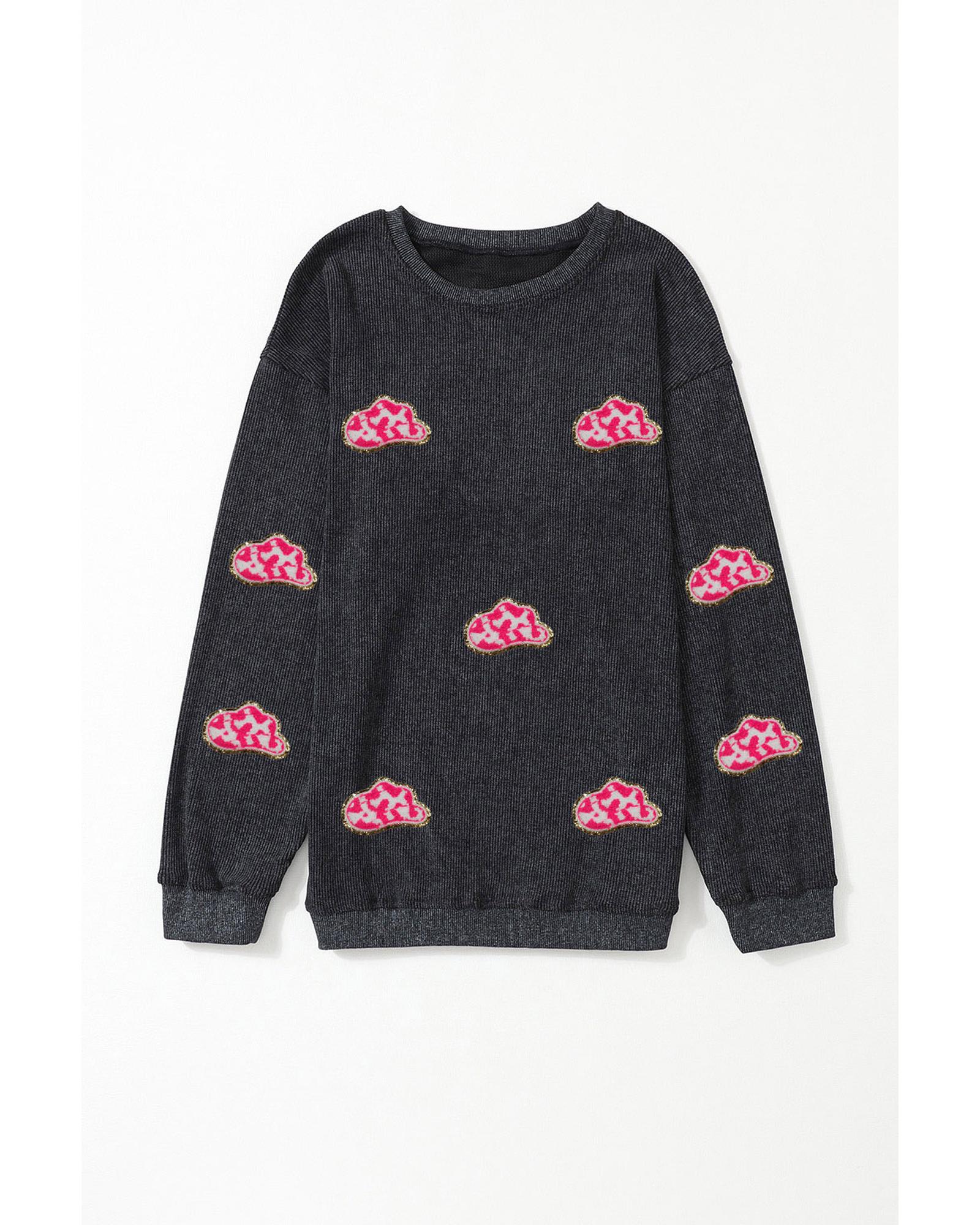 Black Glittering Cowboy Hat Patched Corded Pullover Sweatshirt - L