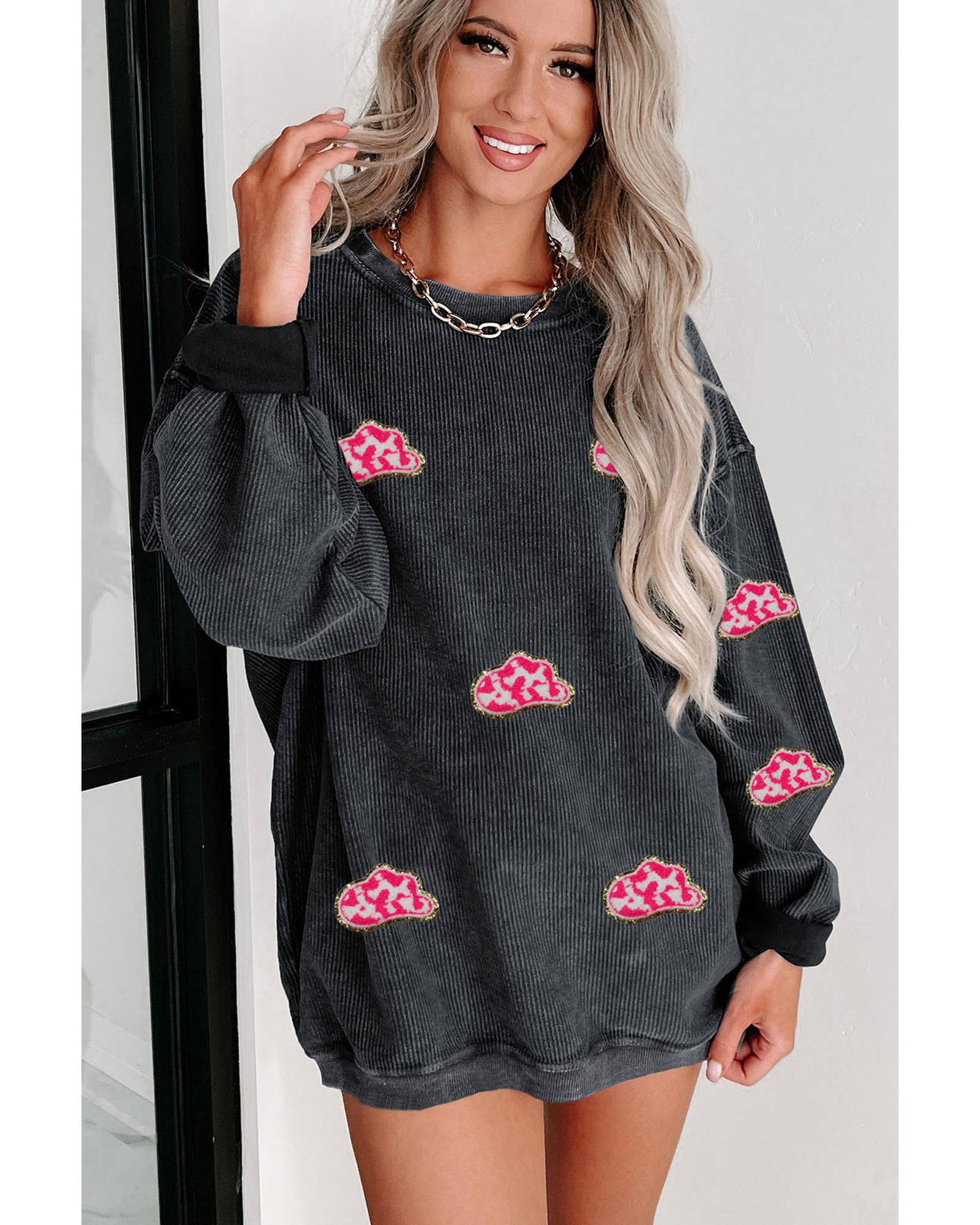 Black Glittering Cowboy Hat Patched Corded Pullover Sweatshirt - L 4