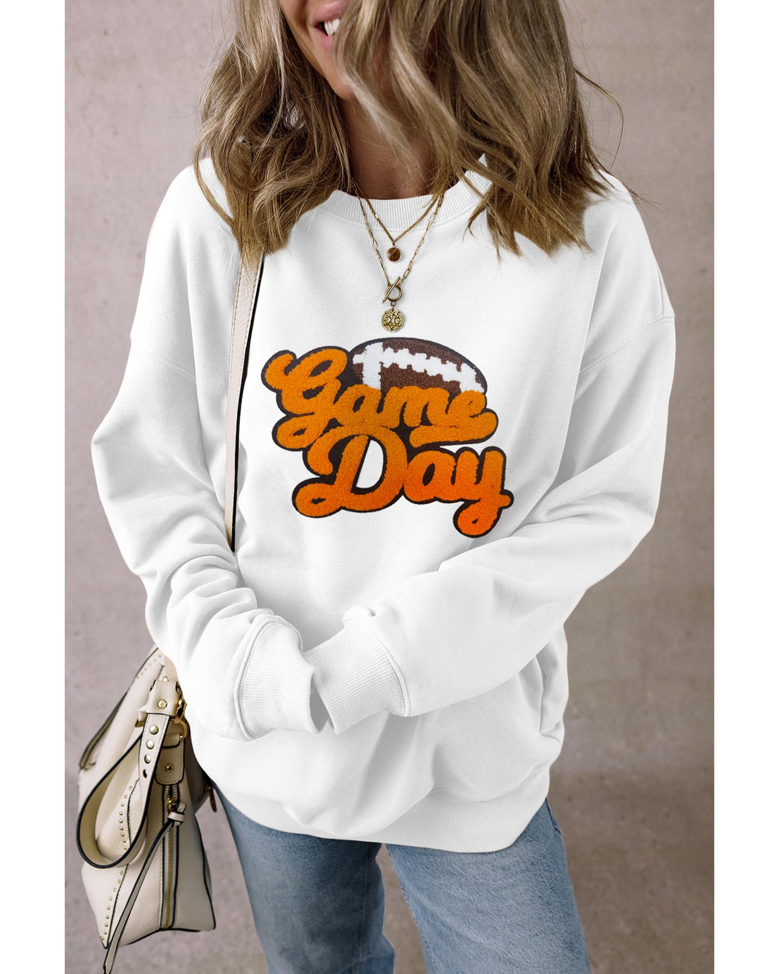 White Chenille Game Day Rugby Football Pattern Pullover Sweatshirt - L 5