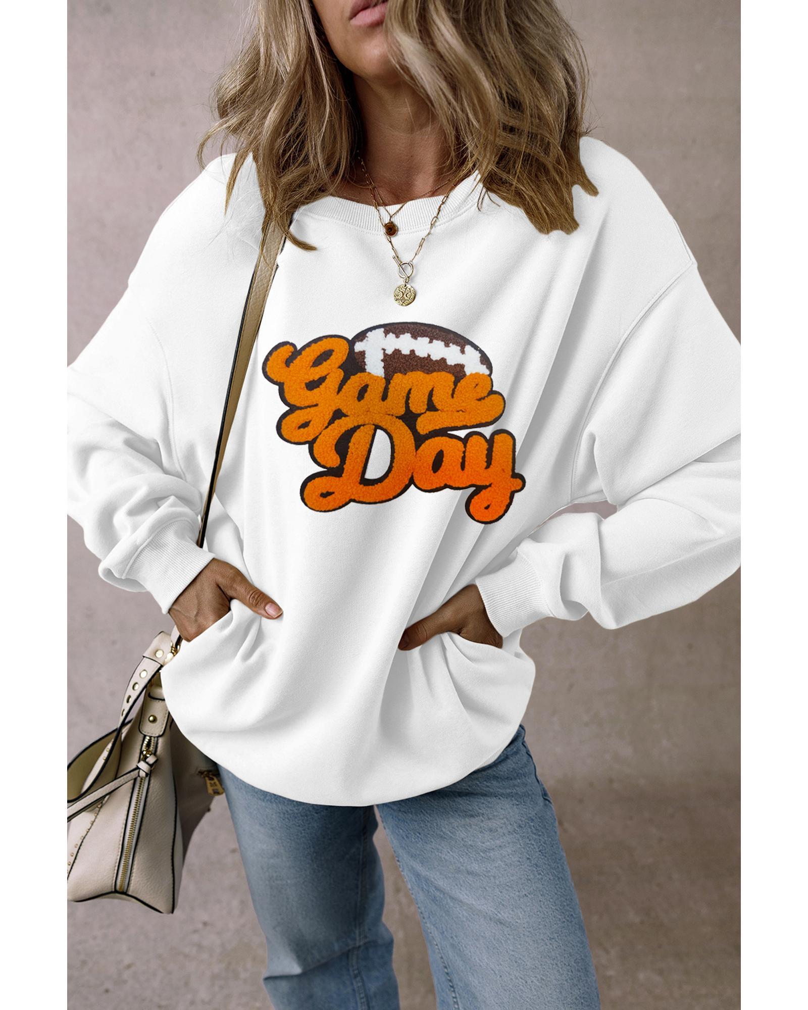 White Chenille Game Day Rugby Football Pattern Pullover Sweatshirt - M
