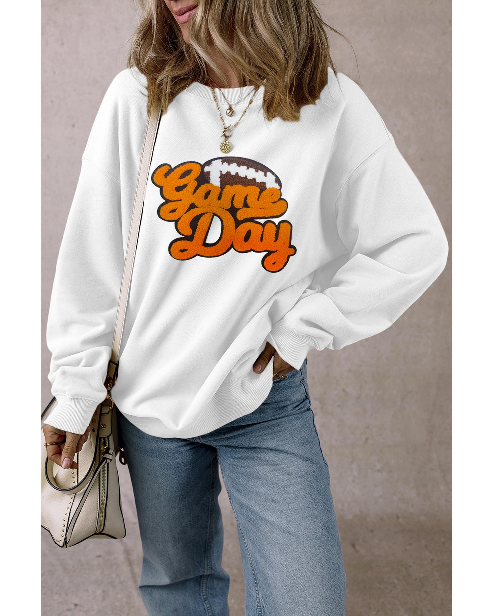 White Chenille Game Day Rugby Football Pattern Pullover Sweatshirt - M 4