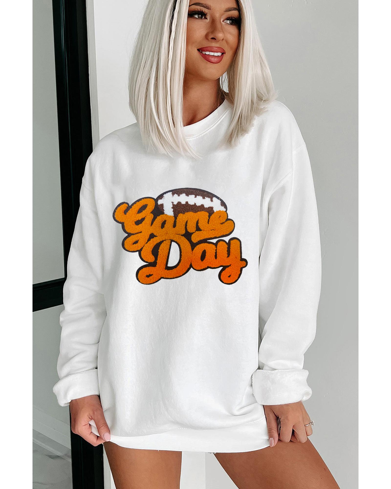 White Chenille Game Day Rugby Football Pattern Pullover Sweatshirt - S 3