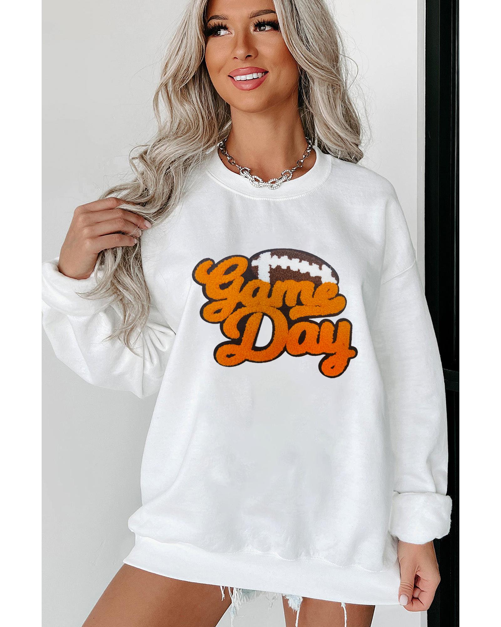 White Chenille Game Day Rugby Football Pattern Pullover Sweatshirt - XL 7