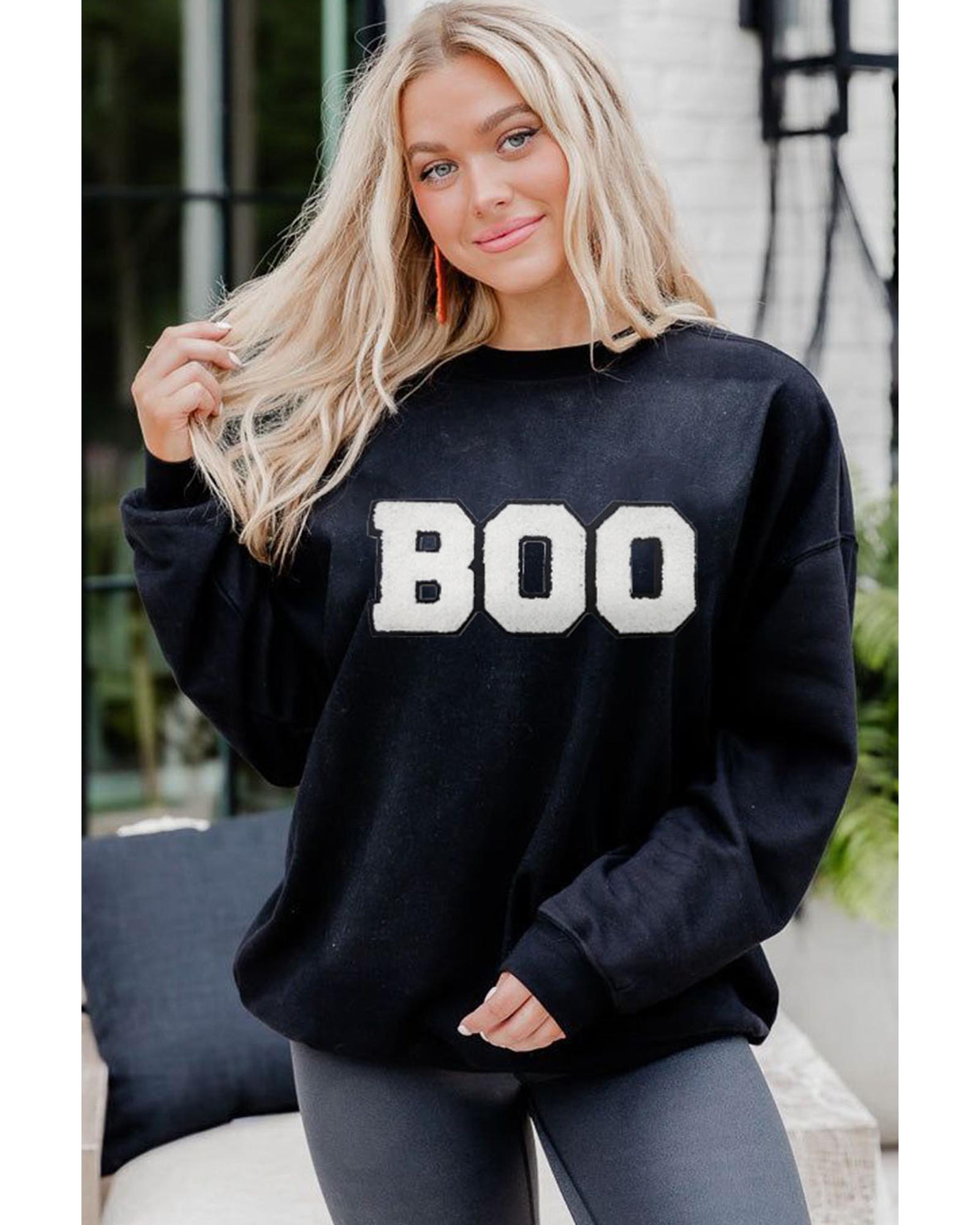 Black Chenille BOO Patched Pattern Crewneck Halloween Sweatshirt - L