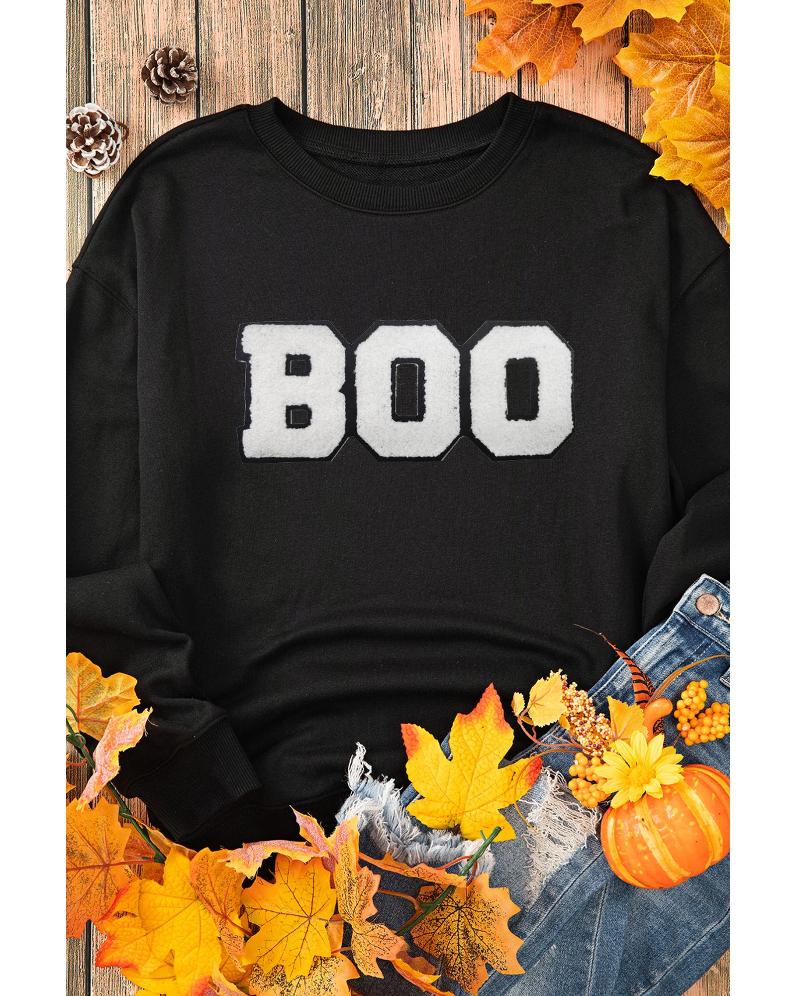 Black Chenille BOO Patched Pattern Crewneck Halloween Sweatshirt - L 3