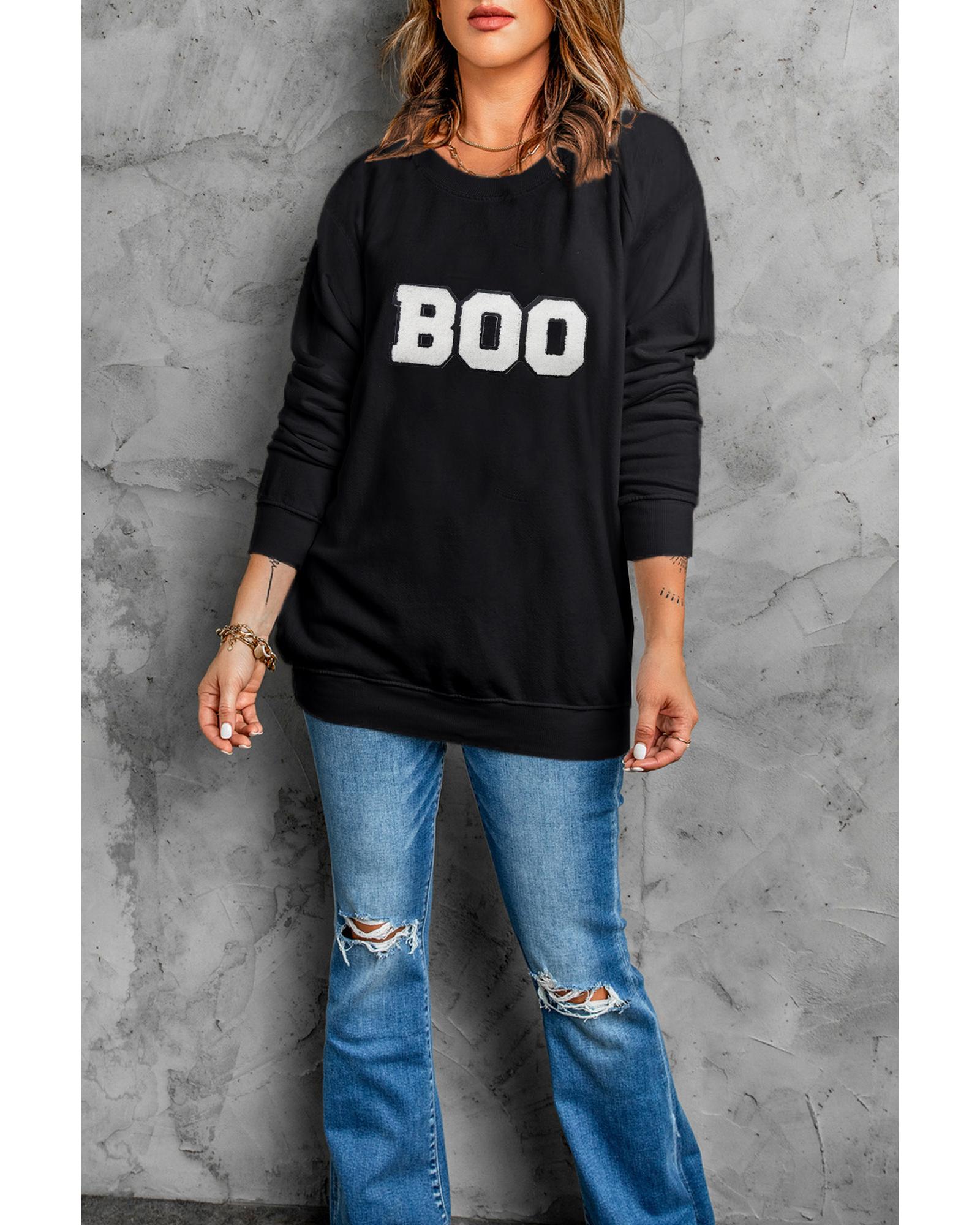 Black Chenille BOO Patched Pattern Crewneck Halloween Sweatshirt - M 4