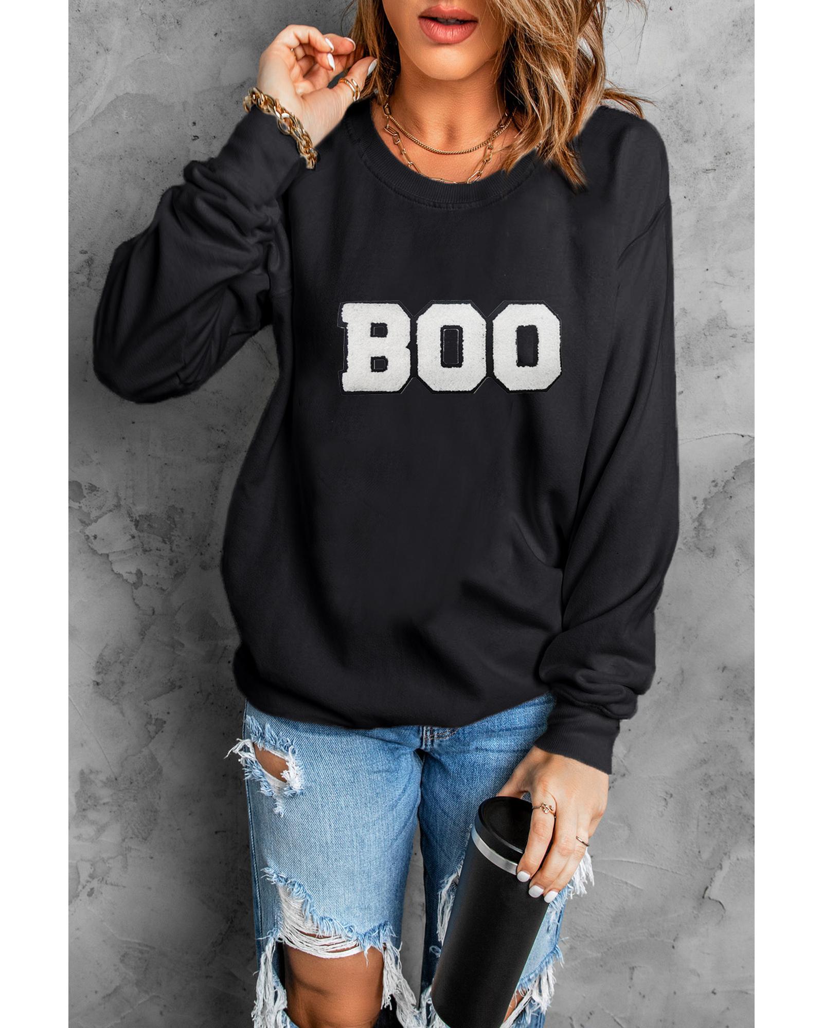 Black Chenille BOO Patched Pattern Crewneck Halloween Sweatshirt - M 7
