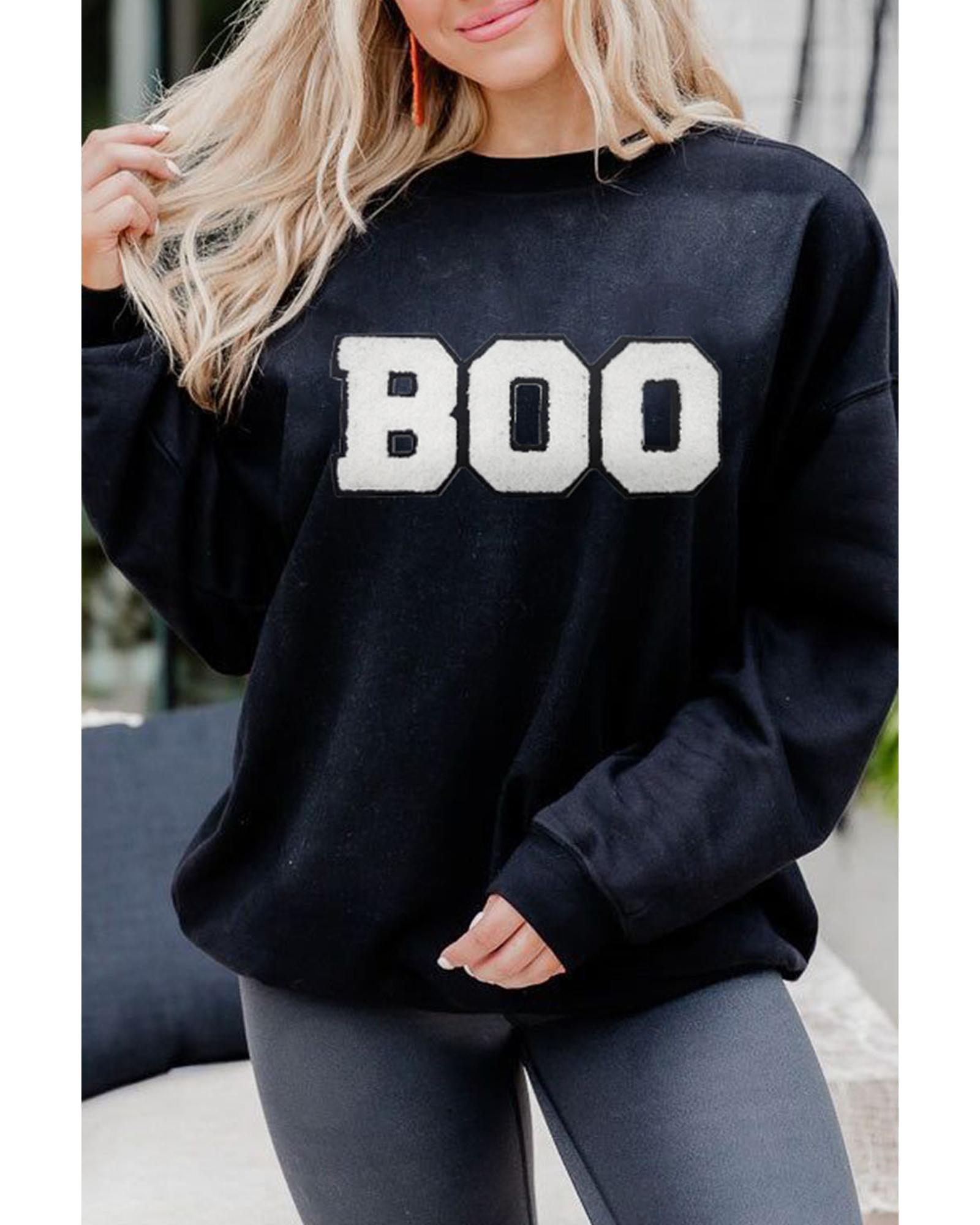 Black Chenille BOO Patched Pattern Crewneck Halloween Sweatshirt - XL 6