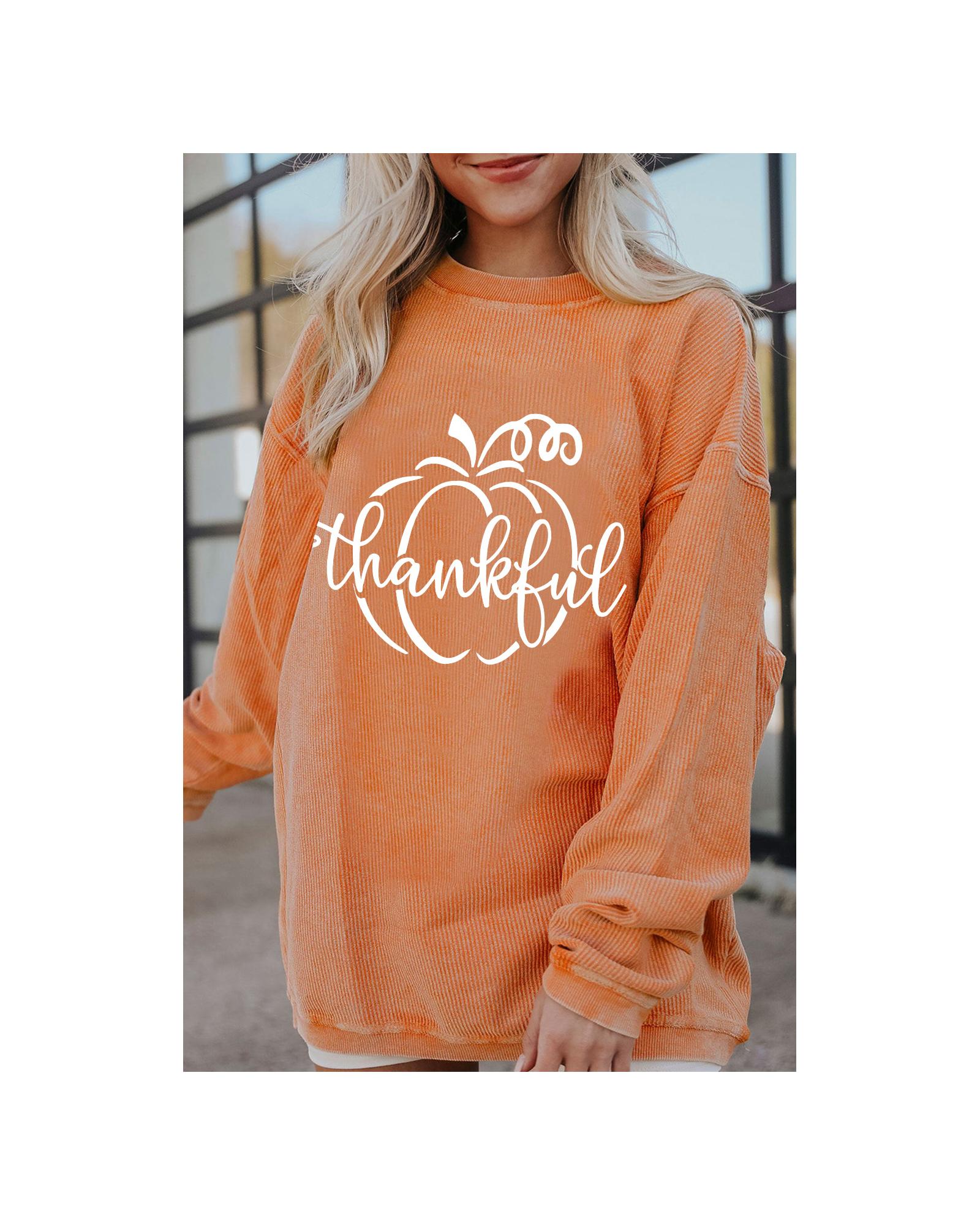 Orange Pumpkin thankful Graphic Corded Thanksgiving Sweatshirt - M 3