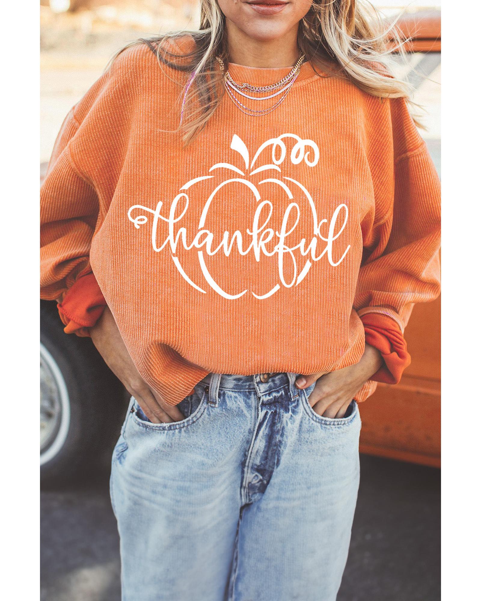 Orange Pumpkin thankful Graphic Corded Thanksgiving Sweatshirt - M 4