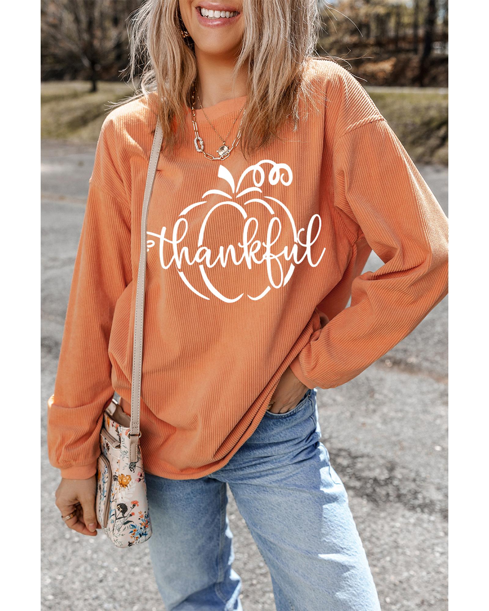 Orange Pumpkin thankful Graphic Corded Thanksgiving Sweatshirt - M 5