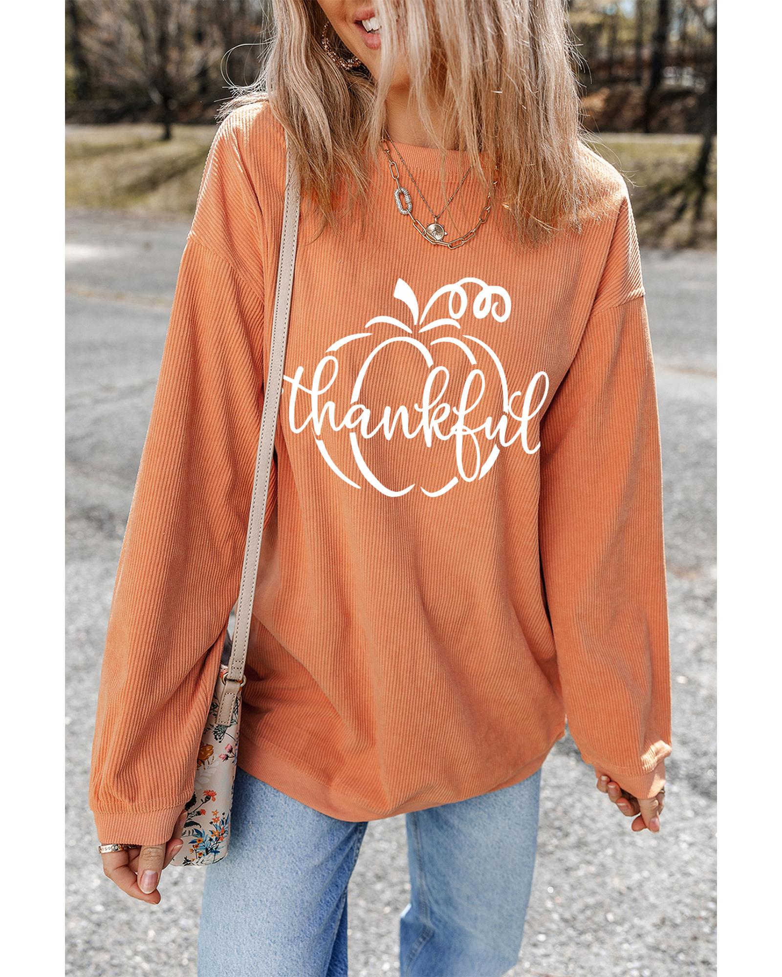 Orange Pumpkin thankful Graphic Corded Thanksgiving Sweatshirt - M 6