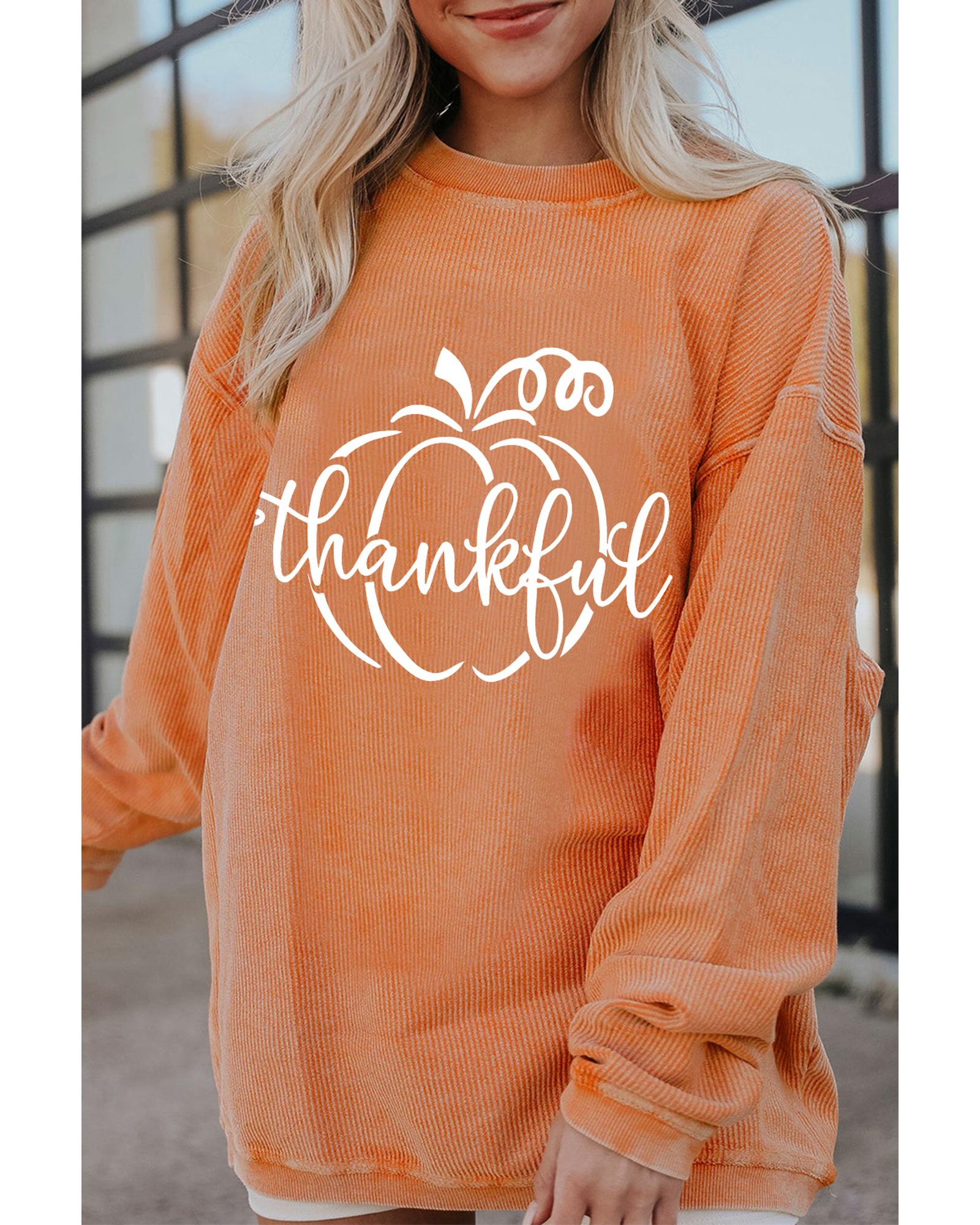 Orange Pumpkin thankful Graphic Corded Thanksgiving Sweatshirt - XL 3