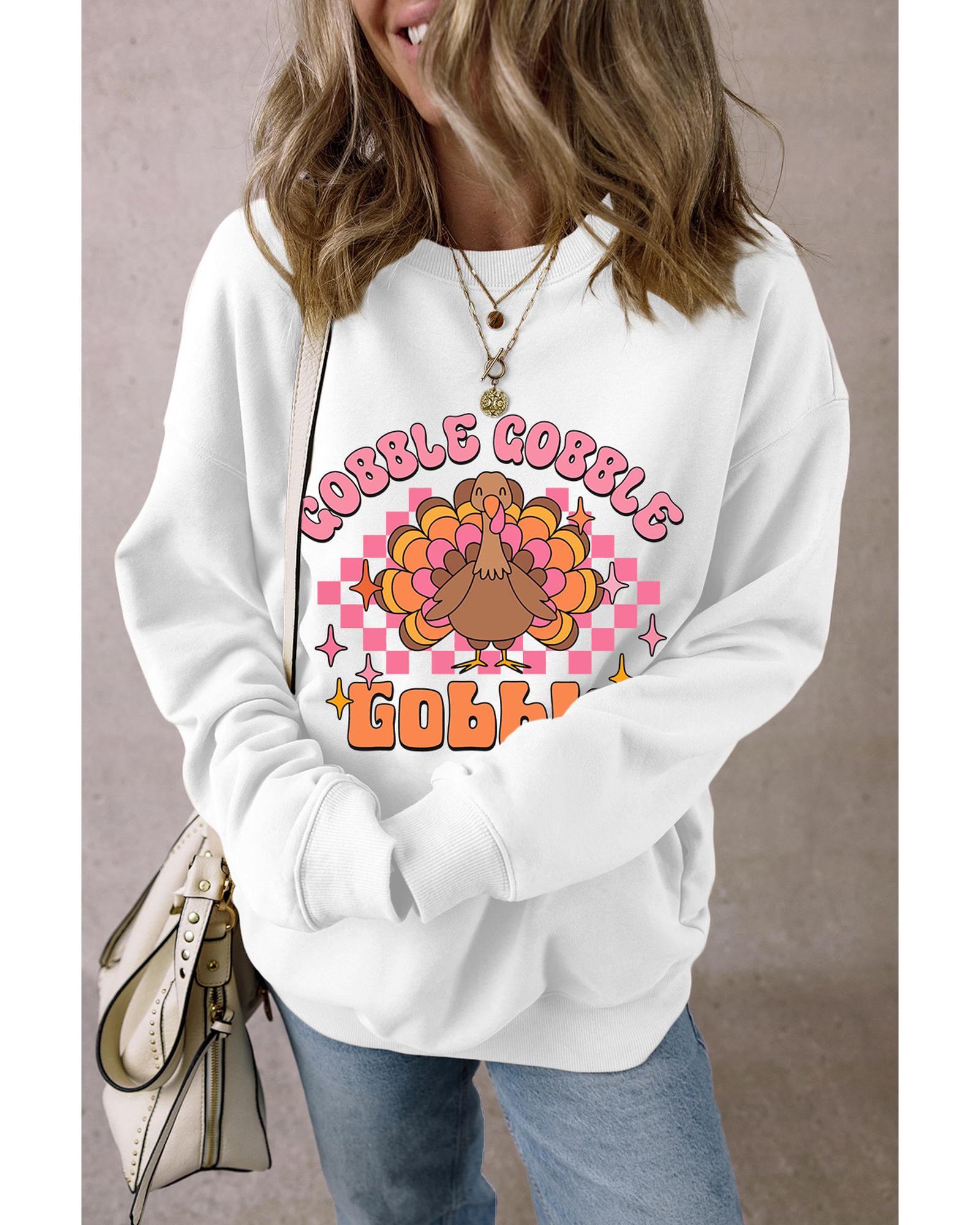 White Gobble Gobble Turkey Graphic Crewneck Thanksgiving Sweatshirt - L 3