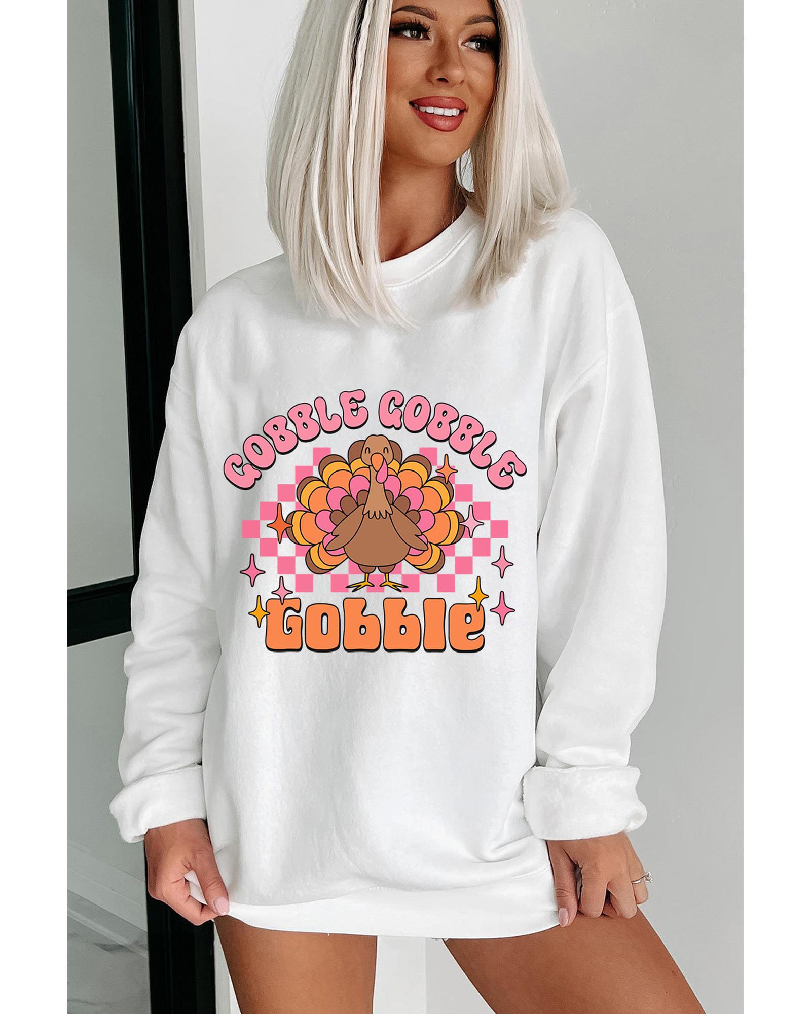 White Gobble Gobble Turkey Graphic Crewneck Thanksgiving Sweatshirt - L 4