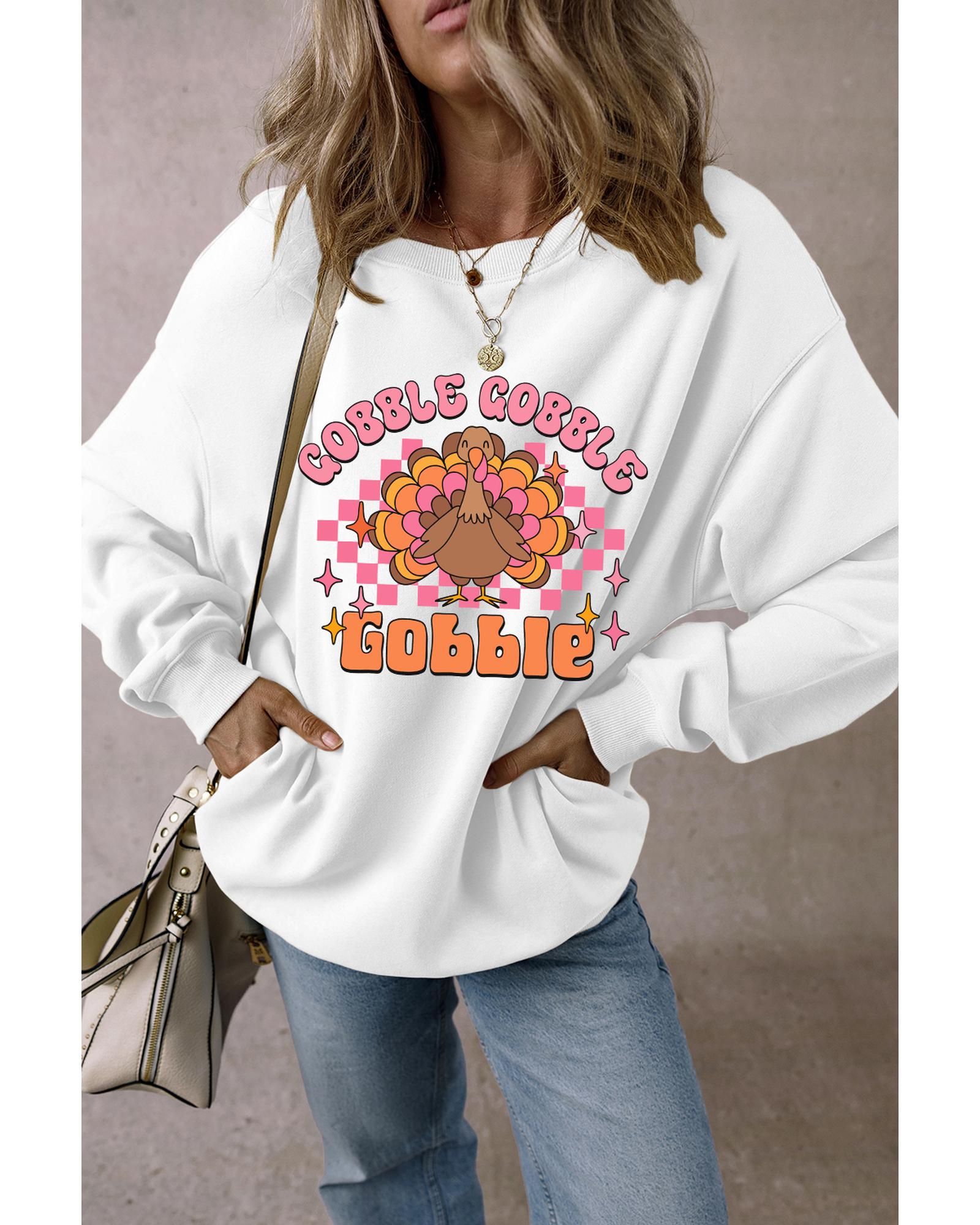 White Gobble Gobble Turkey Graphic Crewneck Thanksgiving Sweatshirt - L 6