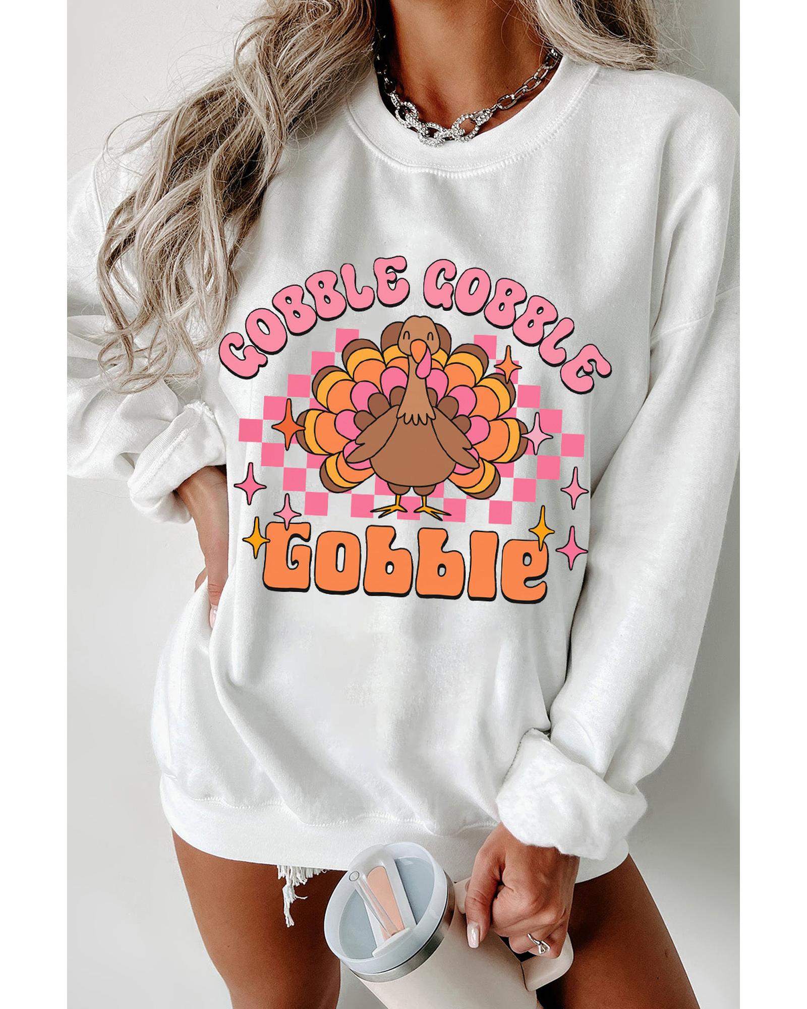 White Gobble Gobble Turkey Graphic Crewneck Thanksgiving Sweatshirt - L 8