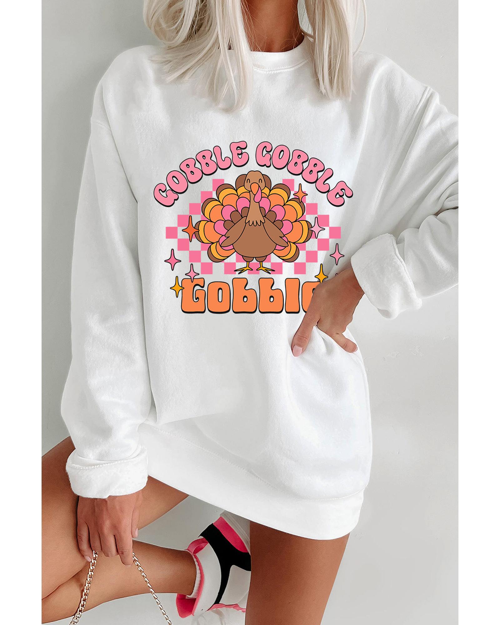 White Gobble Gobble Turkey Graphic Crewneck Thanksgiving Sweatshirt - S 5
