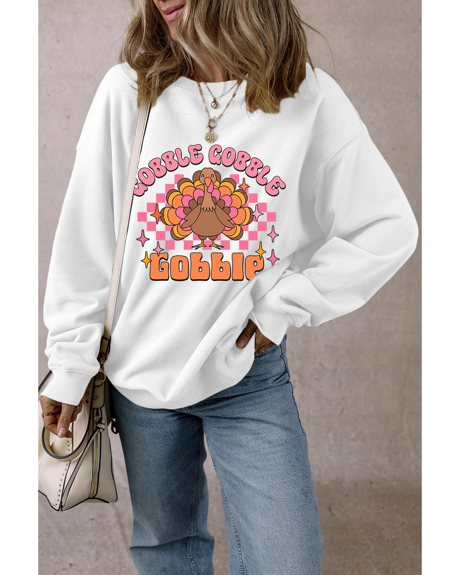 White Gobble Gobble Turkey Graphic Crewneck Thanksgiving Sweatshirt - XL 7