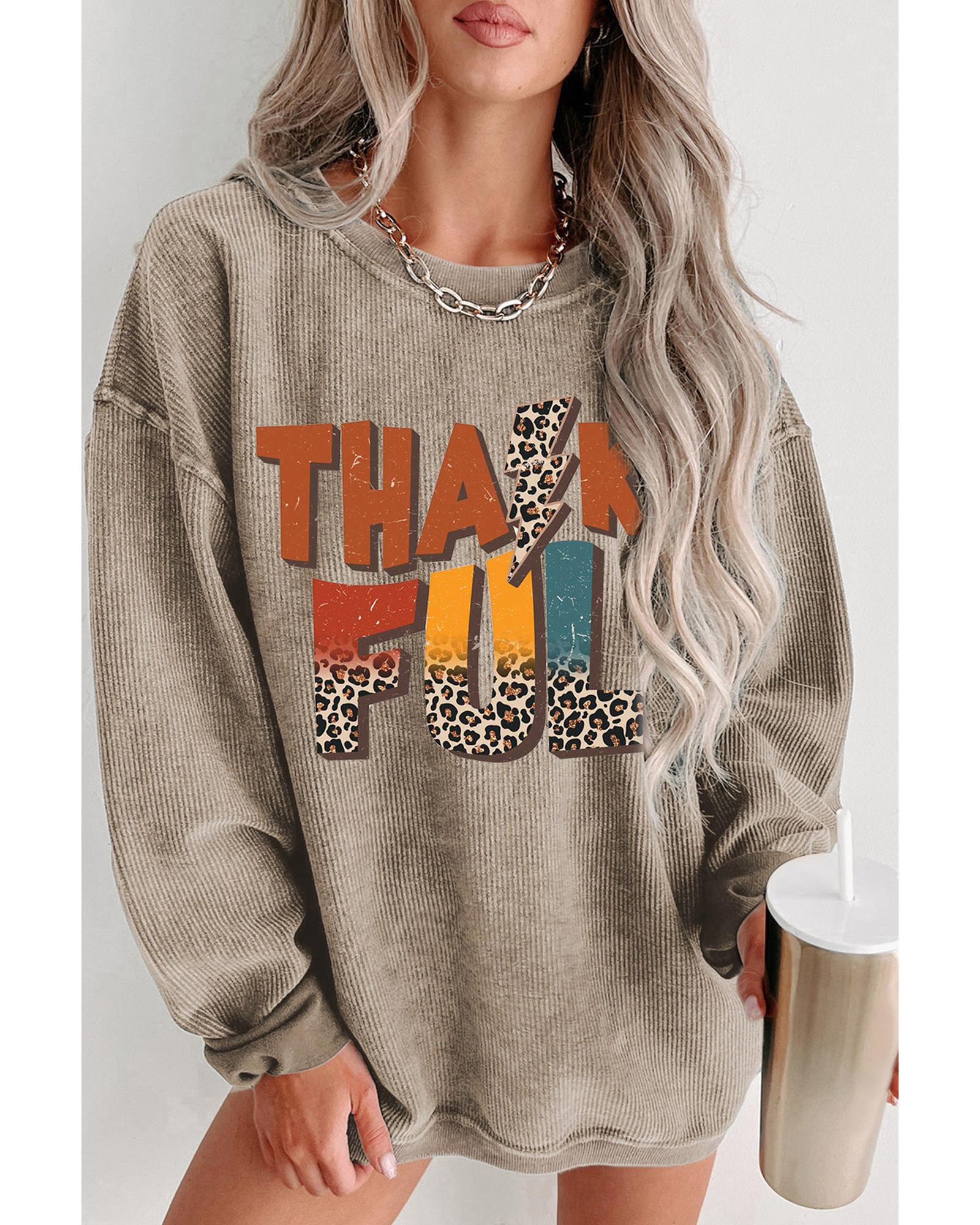 Khaki Leopard THANKFUL Graphic Corded Thanksgiving Sweatshirt - XL