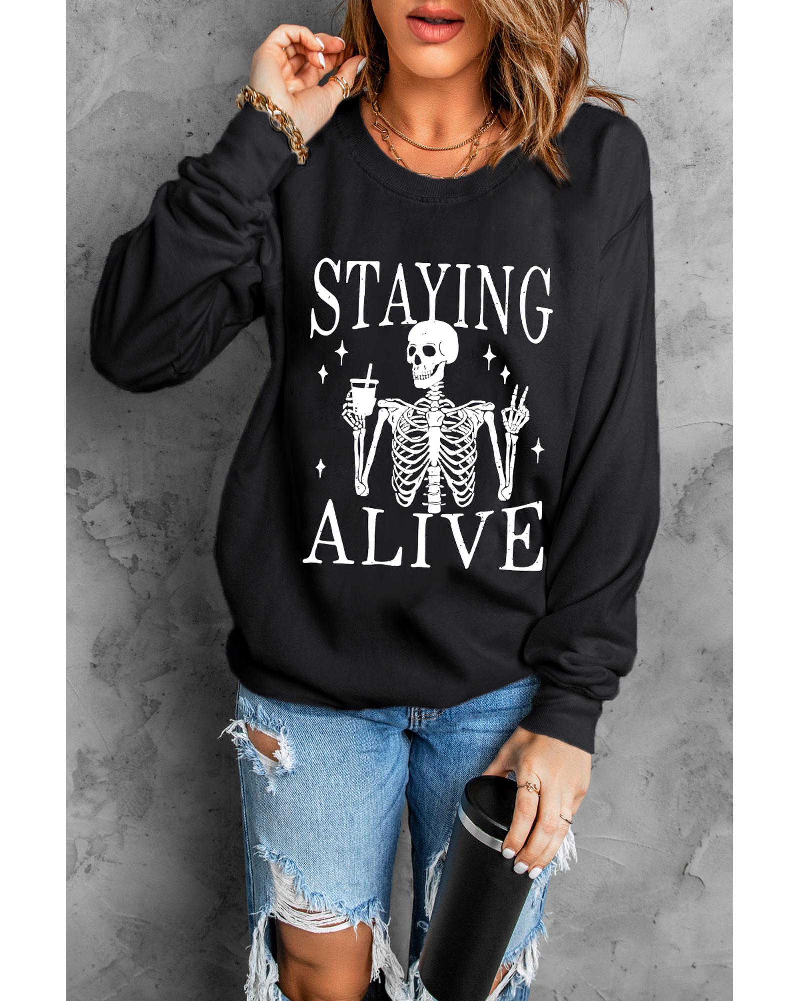 Black STAYING ALIVE Skull Graphic Crewneck Halloween Sweatshirt - L 3