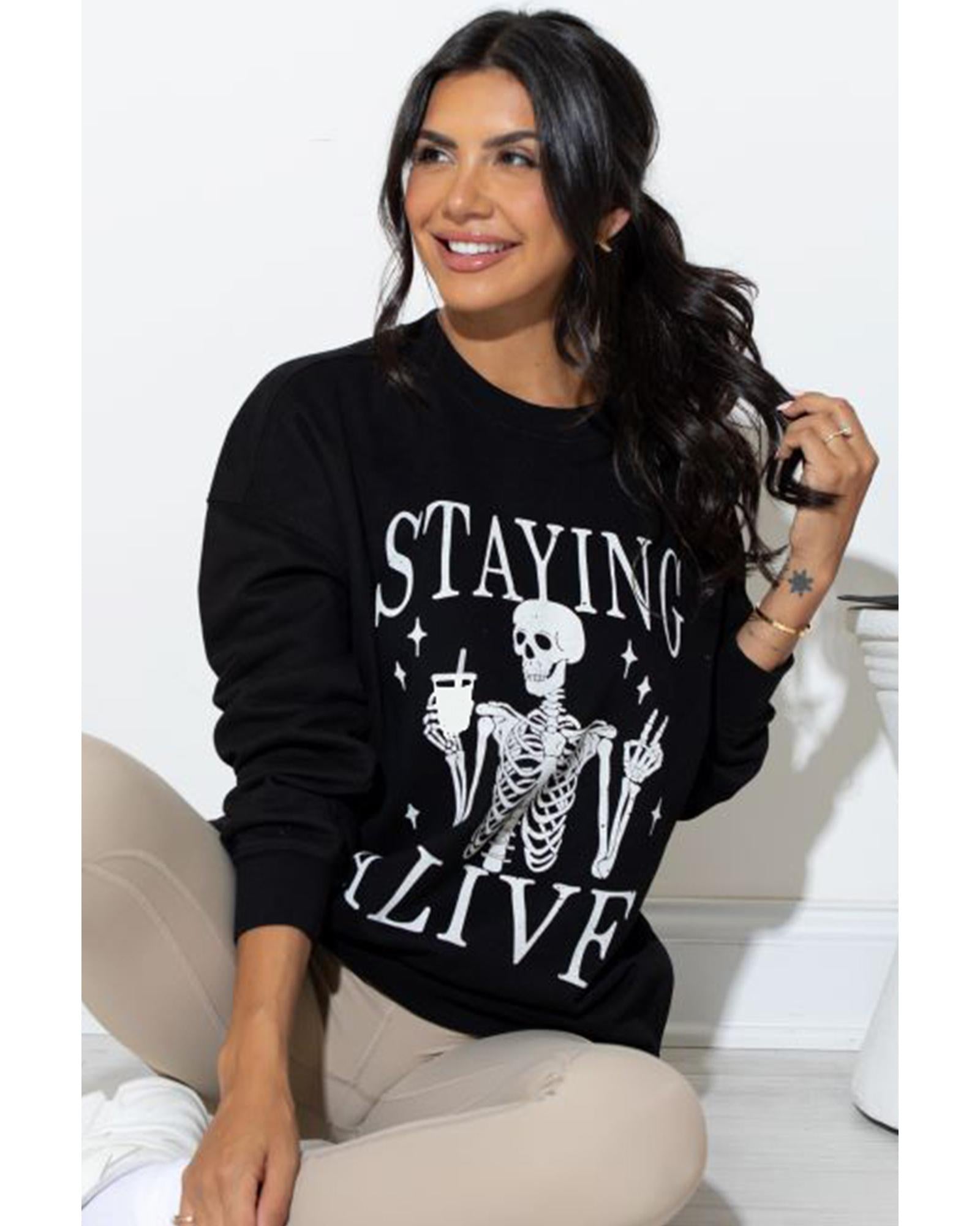 Black STAYING ALIVE Skull Graphic Crewneck Halloween Sweatshirt - L 6