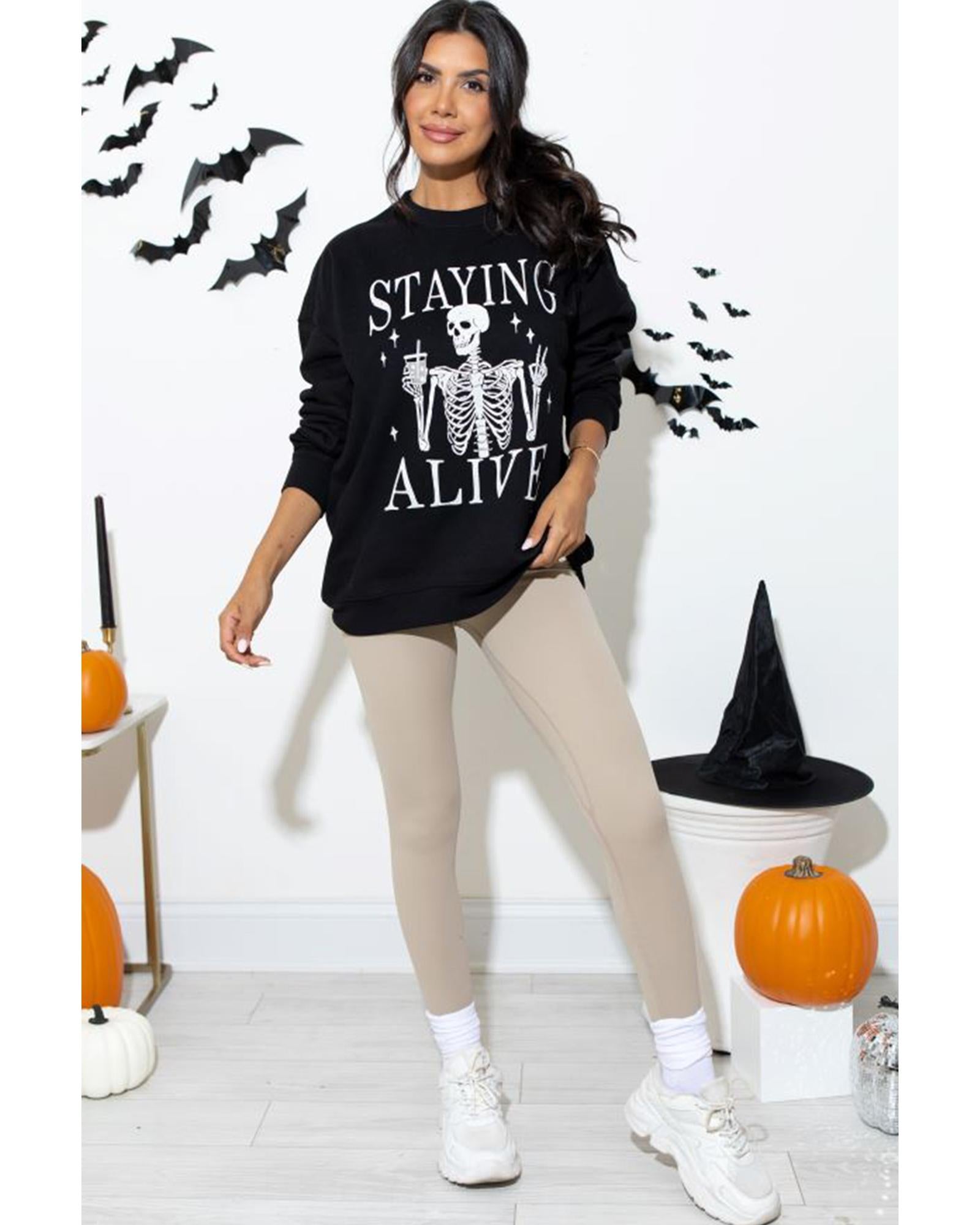 Black STAYING ALIVE Skull Graphic Crewneck Halloween Sweatshirt - L 8