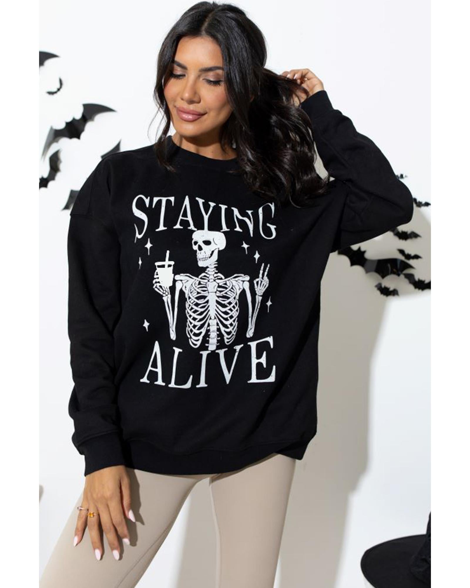 Black STAYING ALIVE Skull Graphic Crewneck Halloween Sweatshirt - S 4