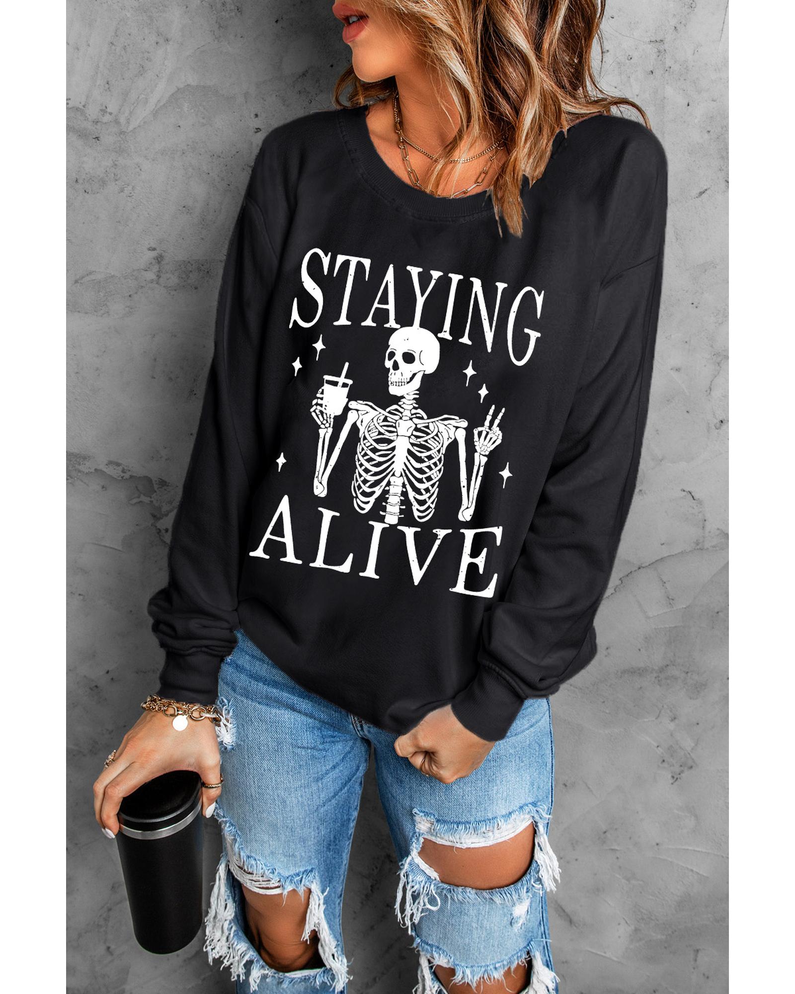 Black STAYING ALIVE Skull Graphic Crewneck Halloween Sweatshirt - XL 5