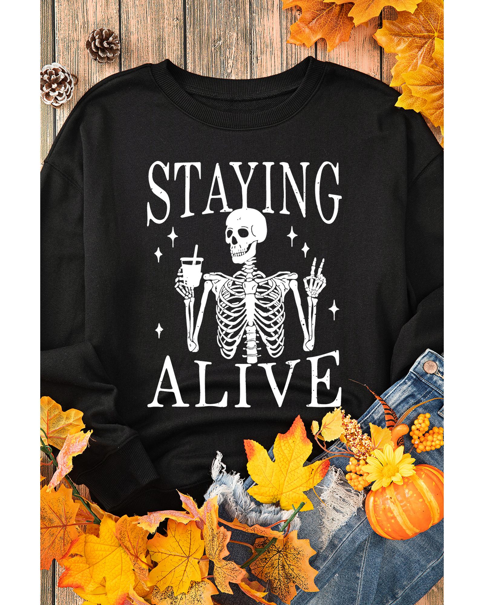 Black STAYING ALIVE Skull Graphic Crewneck Halloween Sweatshirt - XL 7