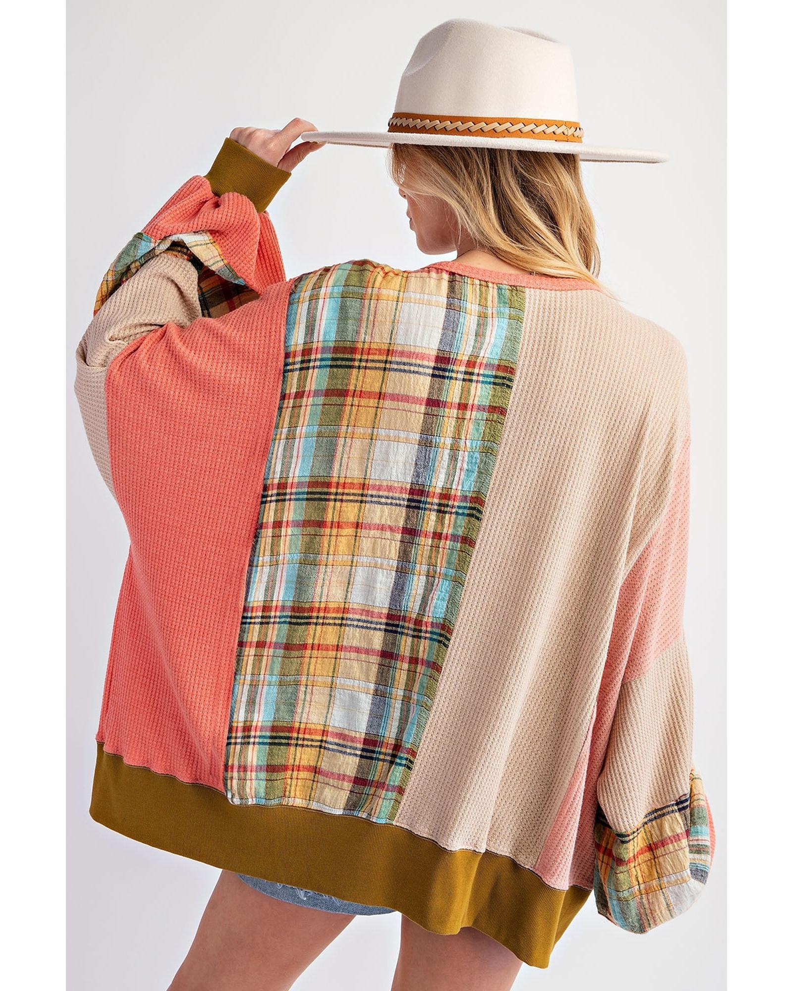 Multicolour Waffle Knit Plaid Patchwork Side Slits Loose Sweatshirt - M
