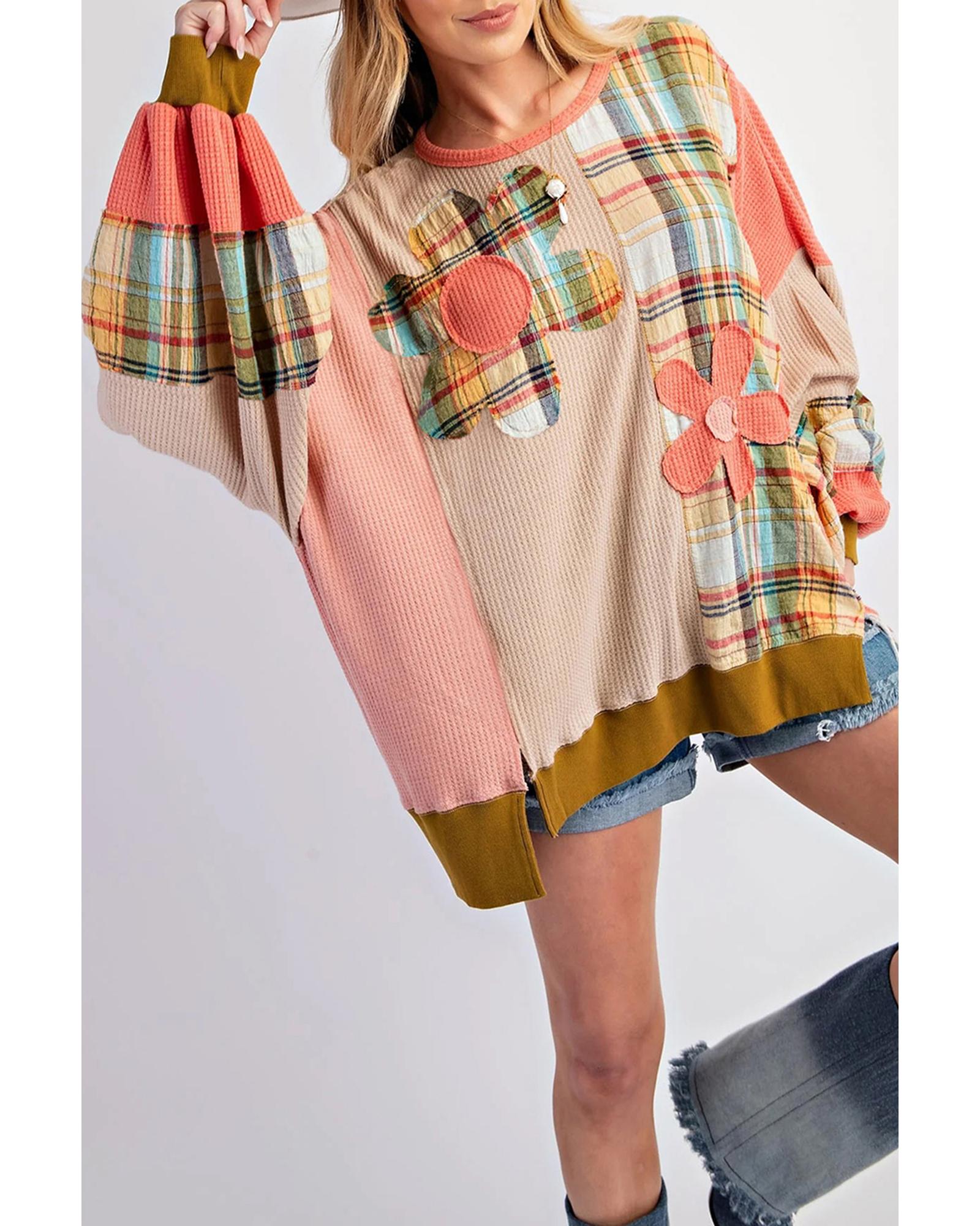 Multicolour Waffle Knit Plaid Patchwork Side Slits Loose Sweatshirt - M 4