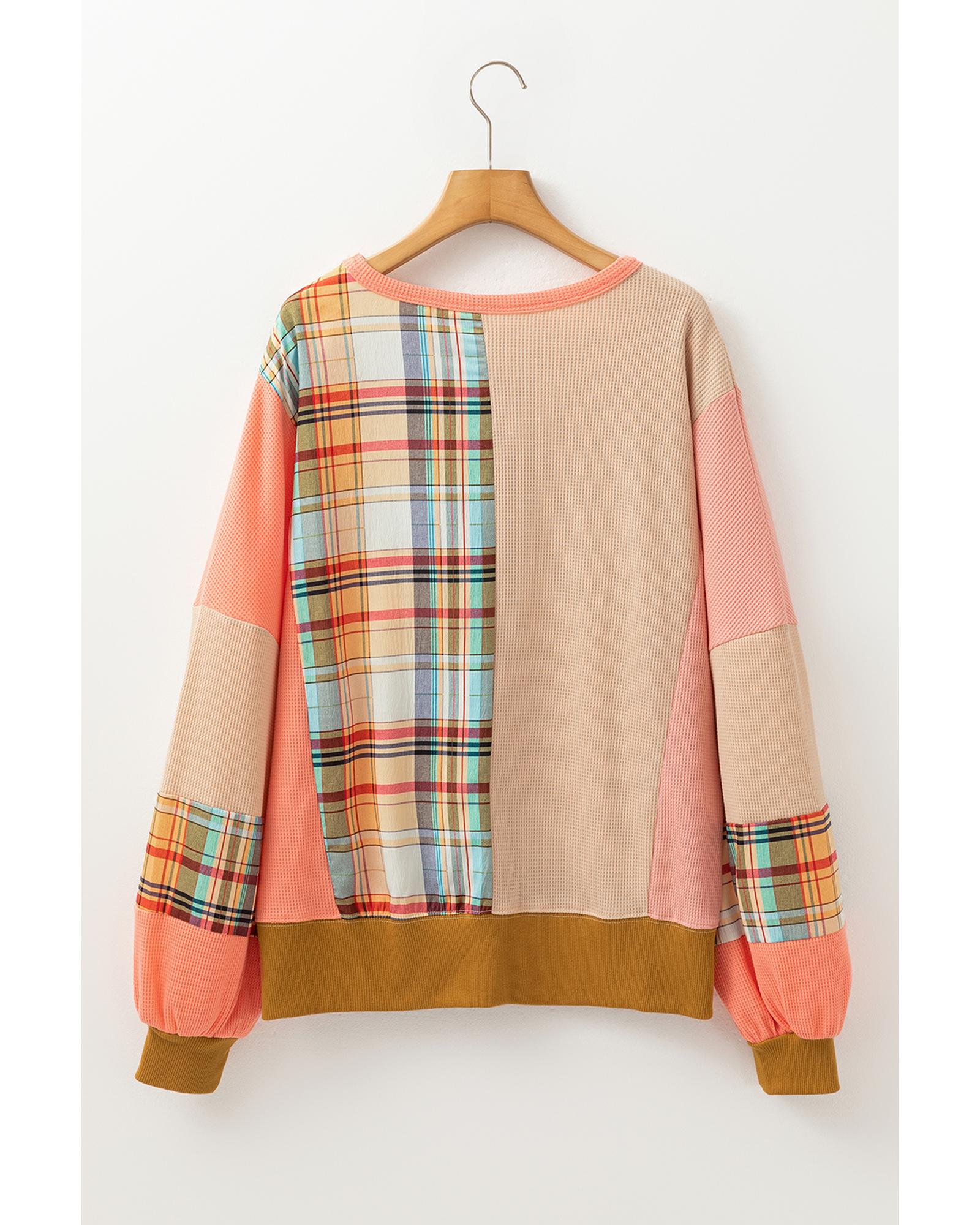 Multicolour Waffle Knit Plaid Patchwork Side Slits Loose Sweatshirt - M 5