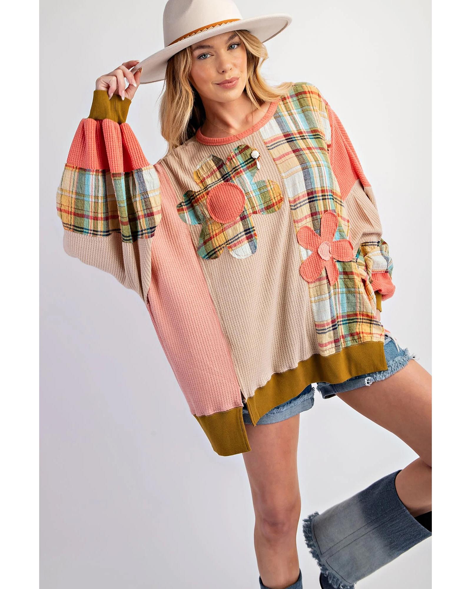 Multicolour Waffle Knit Plaid Patchwork Side Slits Loose Sweatshirt - M 7