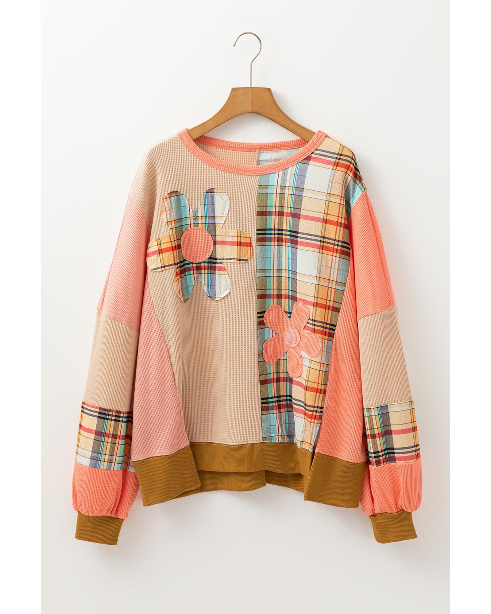 Multicolour Waffle Knit Plaid Patchwork Side Slits Loose Sweatshirt - S 8