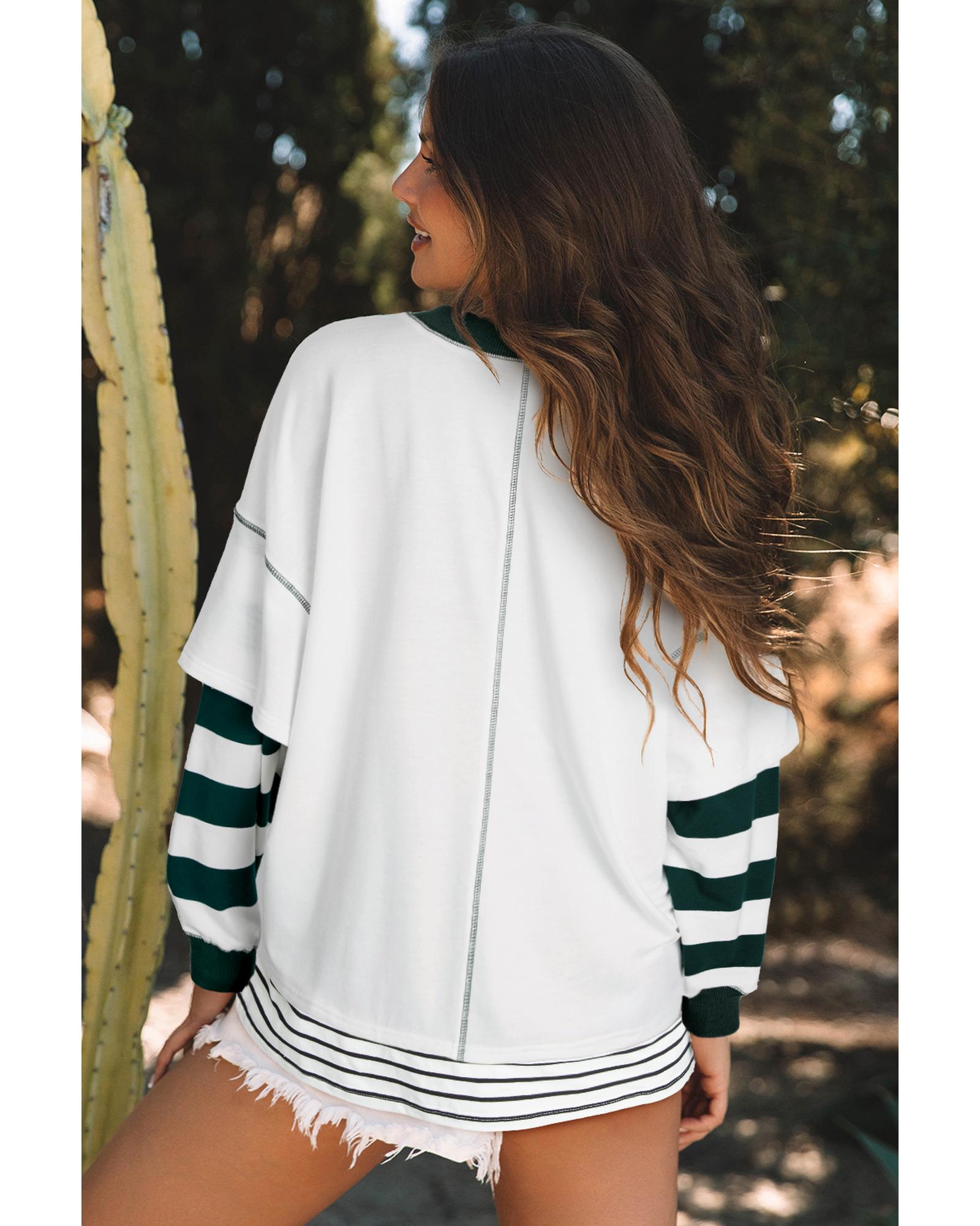 White Stripe Colorblock Sleeve Exposed Seam Fake-2-Piece Sweatshirt - L 6