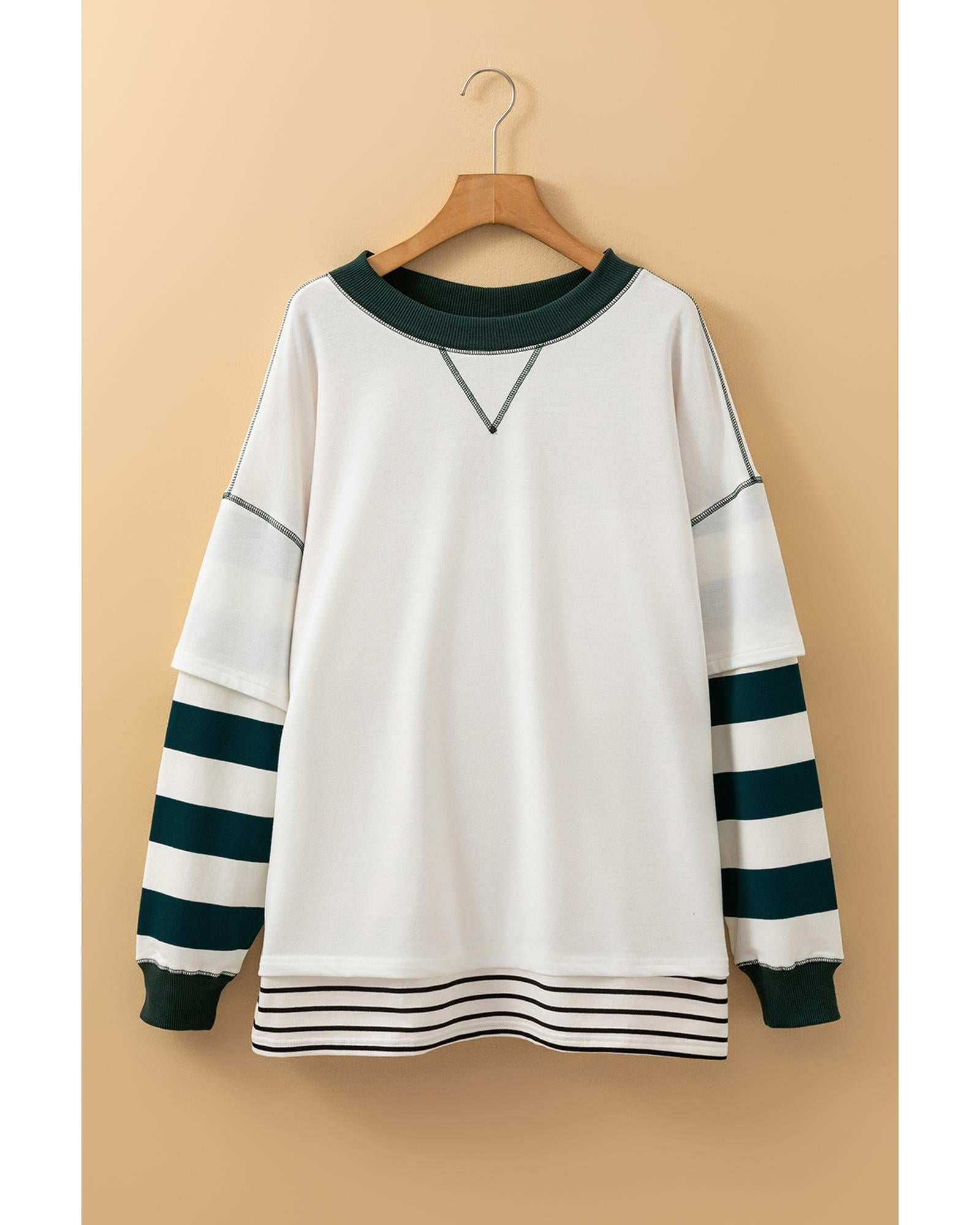 White Stripe Colorblock Sleeve Exposed Seam Fake-2-Piece Sweatshirt - M 6