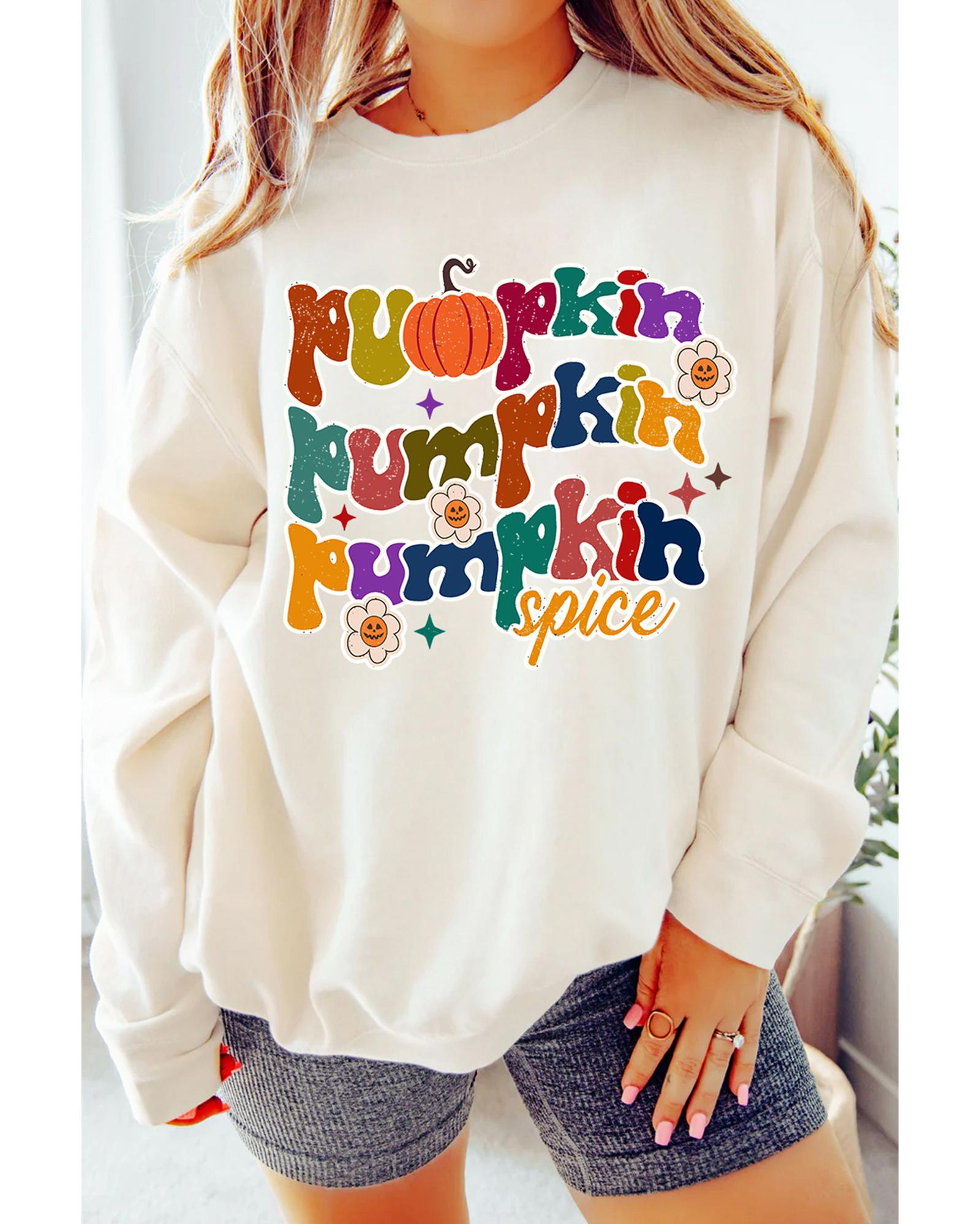 Beige Cute Pumpkin Spice Graphic Thanksgiving Sweatshirt - L 3
