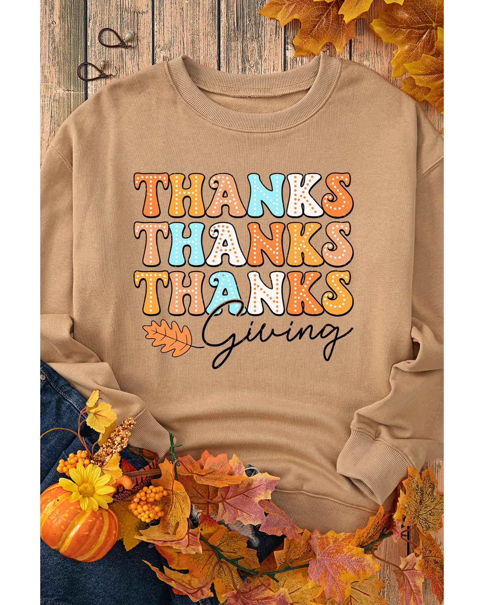 Khaki THANKS giving Leaves Printed Drop Shoulder Sweatshirt - L 5