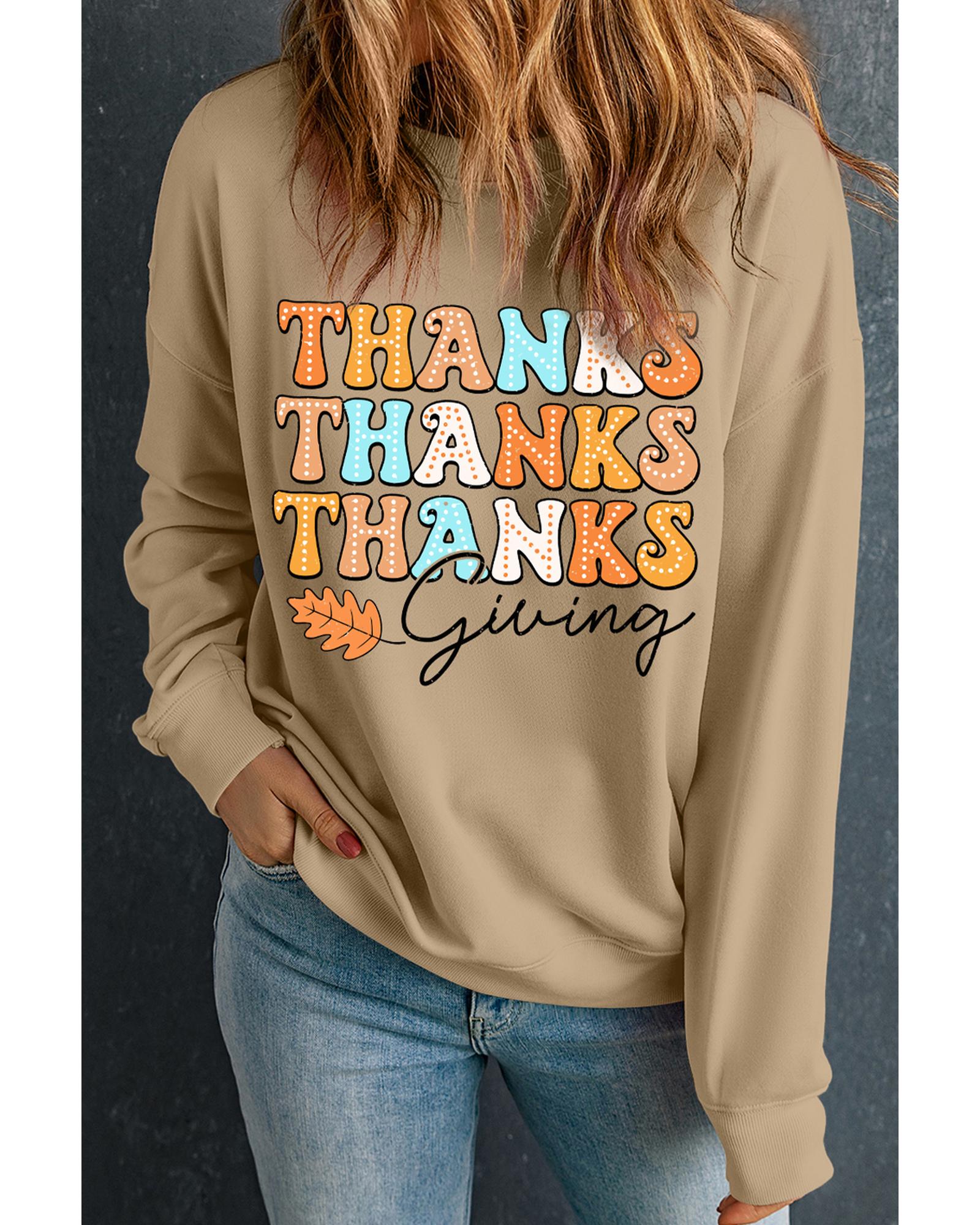 Khaki THANKS giving Leaves Printed Drop Shoulder Sweatshirt - M 3