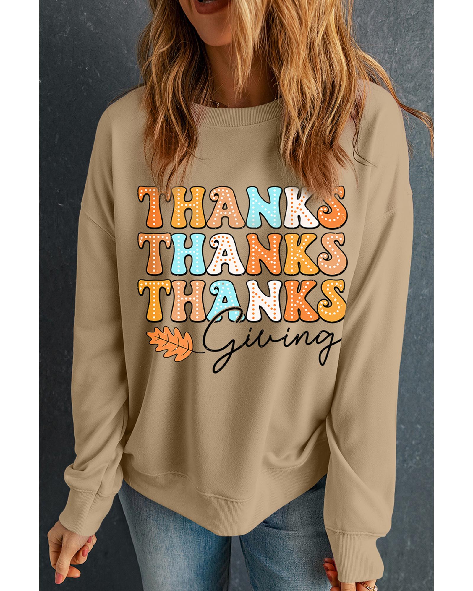 Khaki THANKS giving Leaves Printed Drop Shoulder Sweatshirt - XL