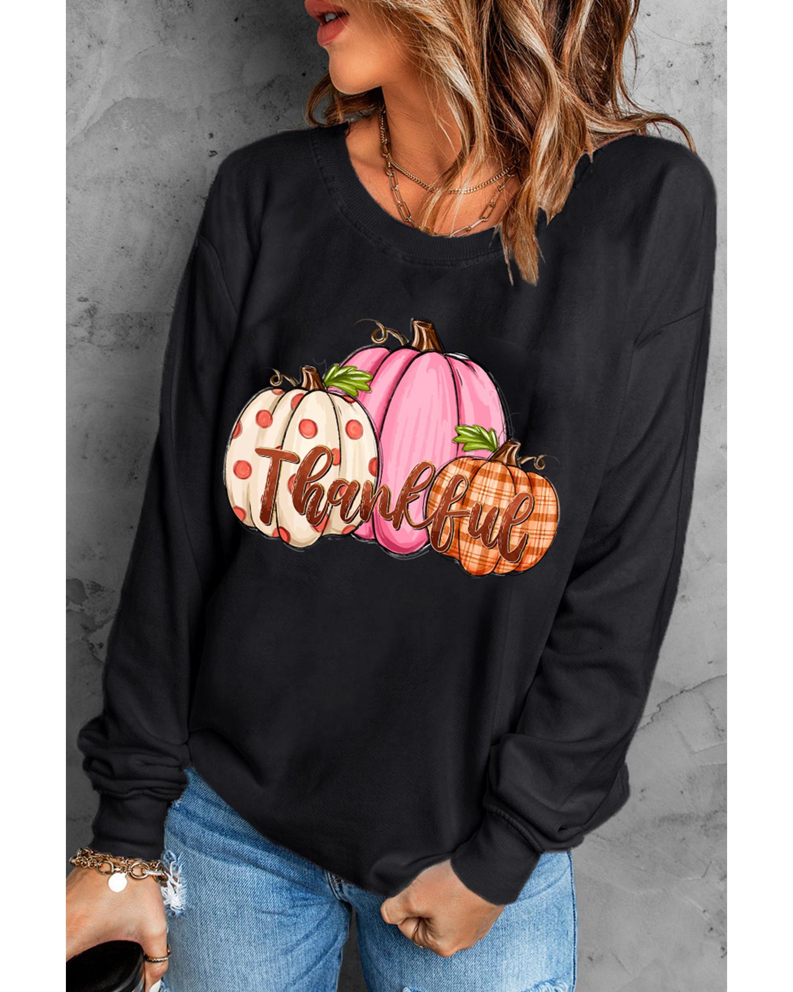 Black Pumpkin Thankful Drop Shoulder Thanksgiving Pullover Sweatshirt - M 4