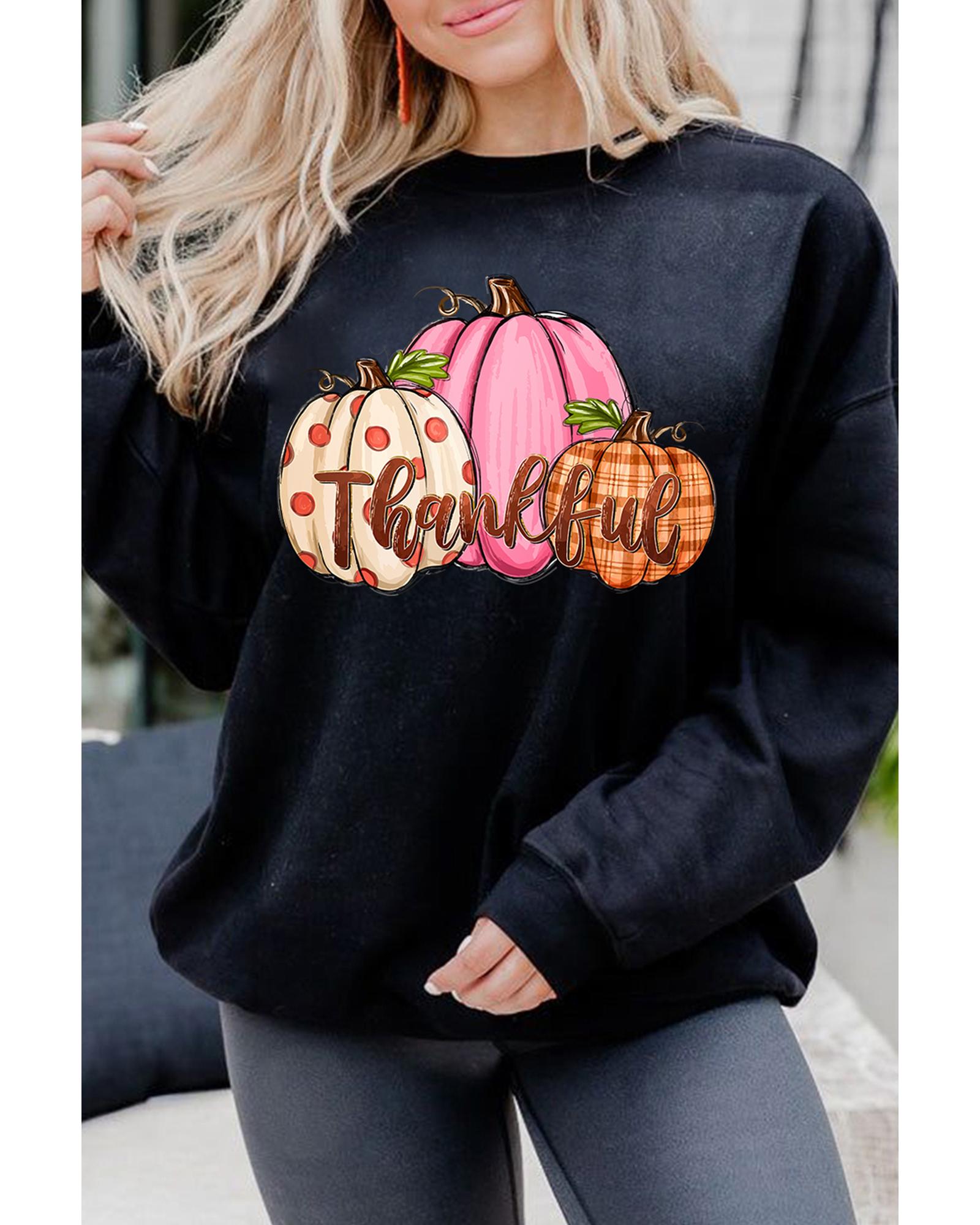 Black Pumpkin Thankful Drop Shoulder Thanksgiving Pullover Sweatshirt - M 5