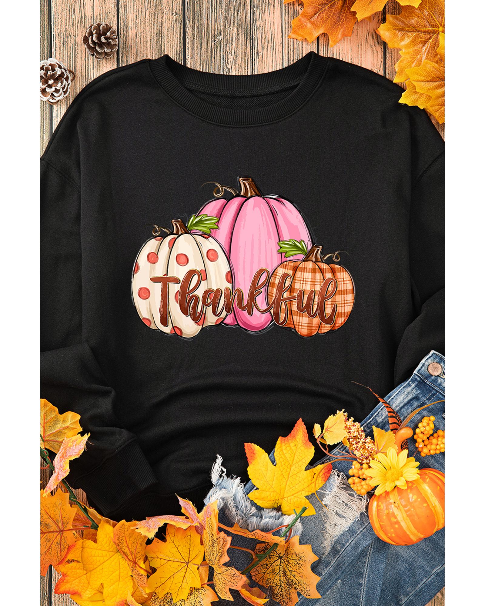 Black Pumpkin Thankful Drop Shoulder Thanksgiving Pullover Sweatshirt - M 6