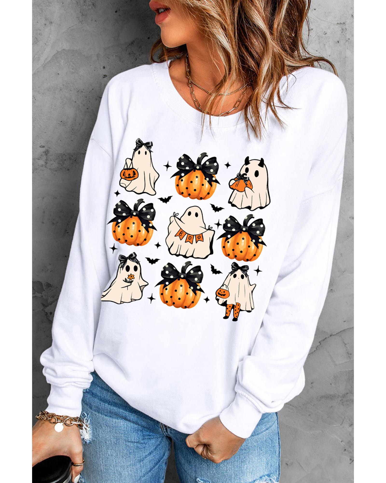 Beige Halloween Ghost Pumpkin Print Crew Neck Sweatshirt - S 3