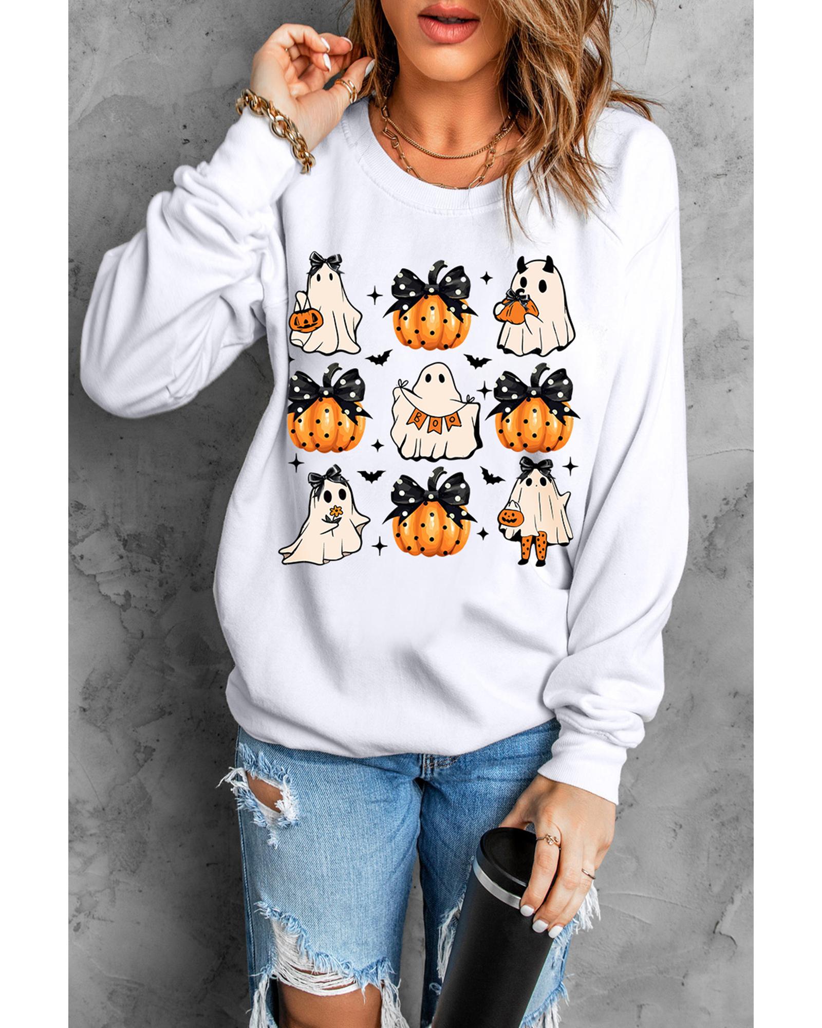 Beige Halloween Ghost Pumpkin Print Crew Neck Sweatshirt - S 4