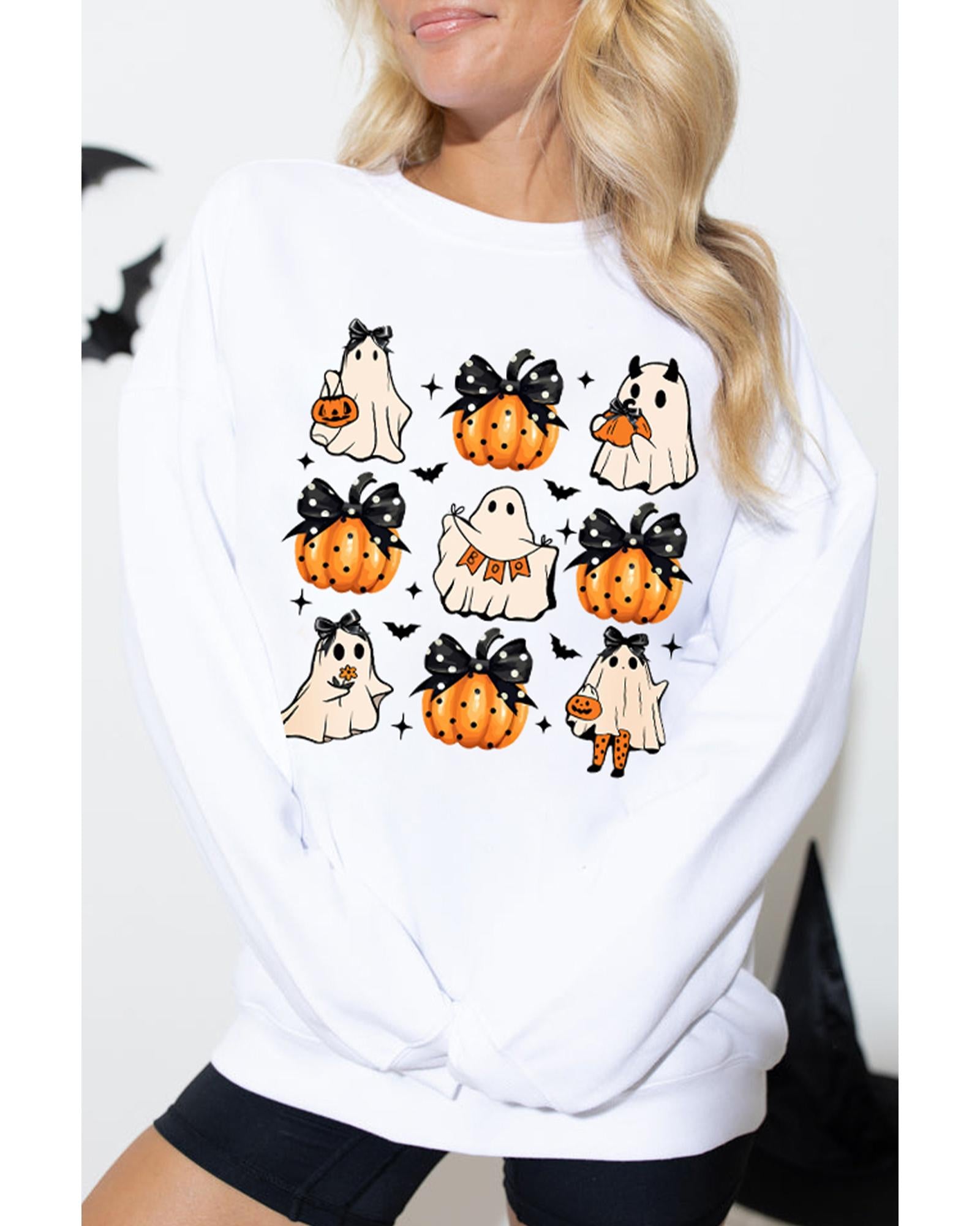 Beige Halloween Ghost Pumpkin Print Crew Neck Sweatshirt - S 5