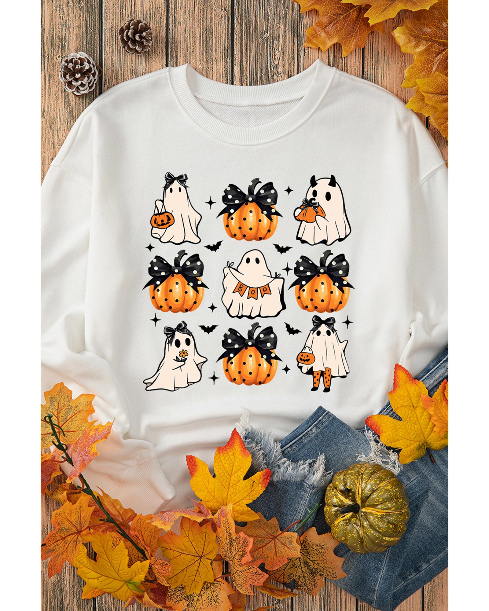 Beige Halloween Ghost Pumpkin Print Crew Neck Sweatshirt - S 6